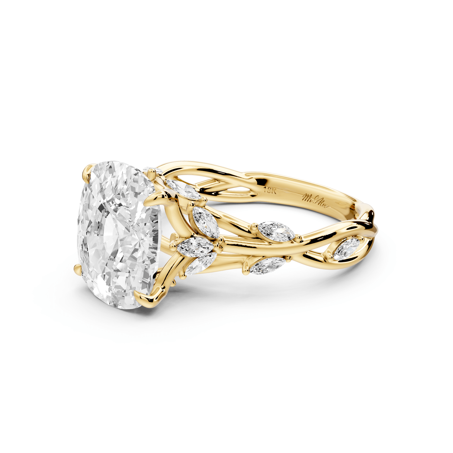 Sarah - 4ct 18k yellow gold Ecushion Nature-Inspired Engagement Ring with Sculpted Vine and Leaf Side Stones - Mr. Alex Jewelry