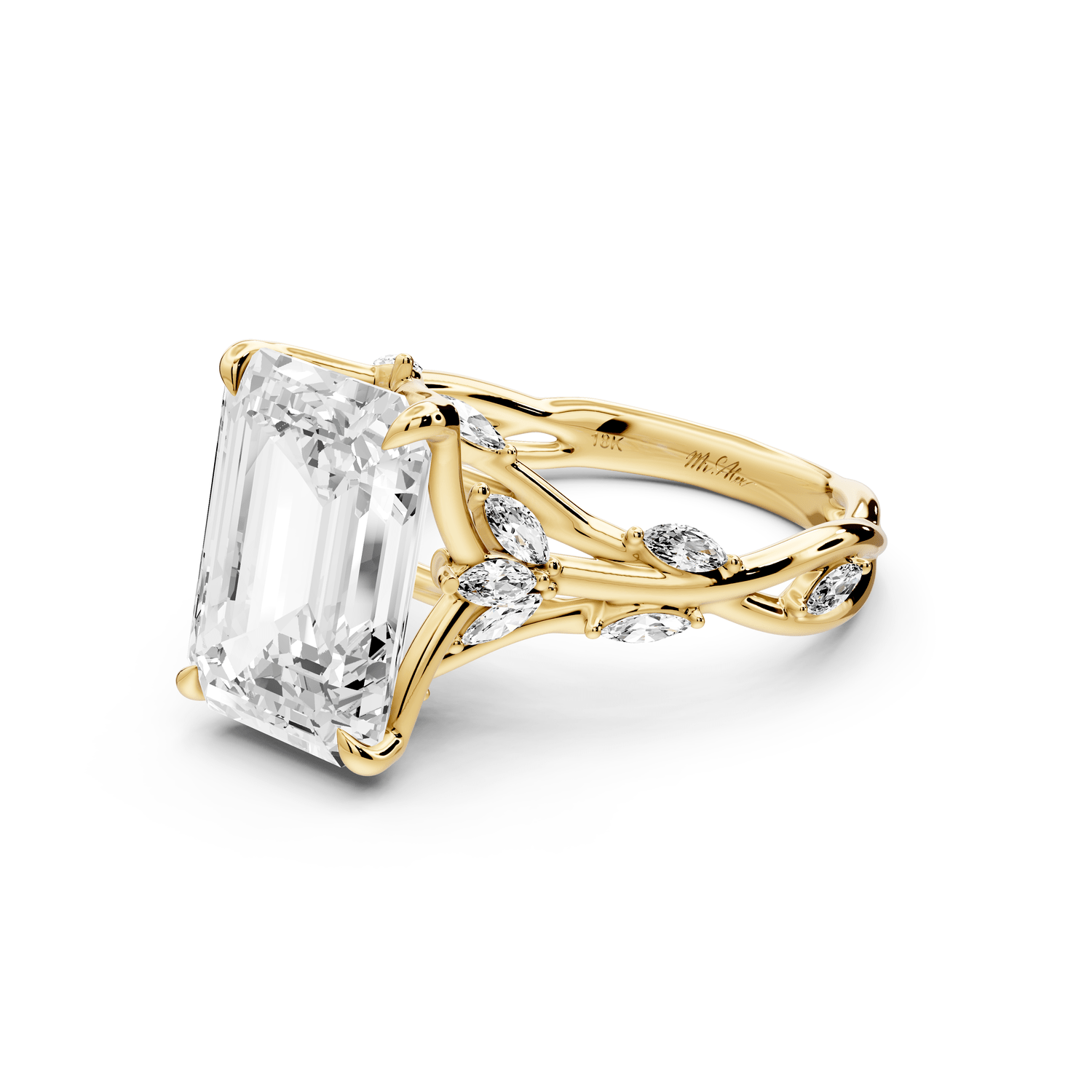 Sarah - 4ct 18k yellow gold Emerald Nature-Inspired Engagement Ring with Sculpted Vine and Leaf Side Stones - Mr. Alex Jewelry