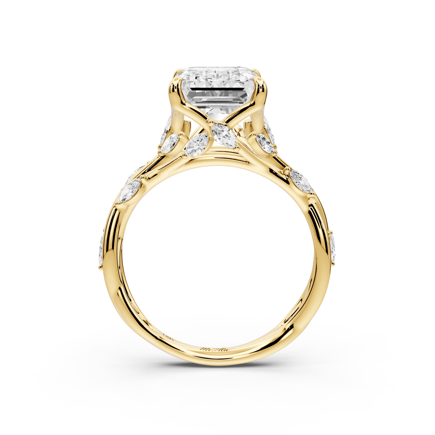 Sarah - 4ct 18k yellow gold Emerald Nature-Inspired Engagement Ring with Sculpted Vine and Leaf Side Stones - Mr. Alex Jewelry