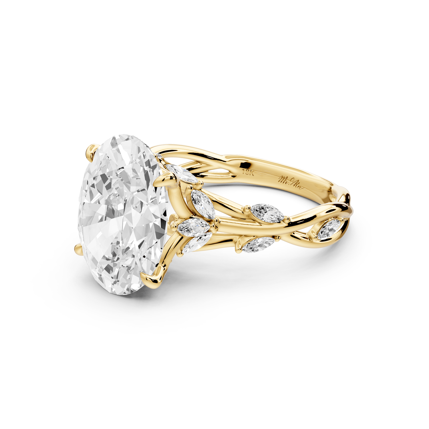 Sarah - 4ct 18k yellow gold Oval Nature-Inspired Engagement Ring with Sculpted Vine and Leaf Side Stones - Mr. Alex Jewelry