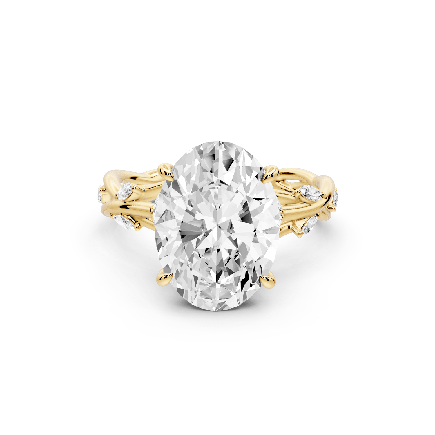Sarah - 4ct 18k yellow gold Oval Nature-Inspired Engagement Ring with Sculpted Vine and Leaf Side Stones - Mr. Alex Jewelry