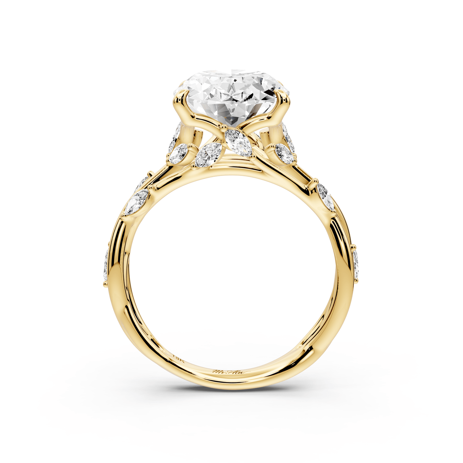 Sarah - 4ct 18k yellow gold Oval Nature-Inspired Engagement Ring with Sculpted Vine and Leaf Side Stones - Mr. Alex Jewelry