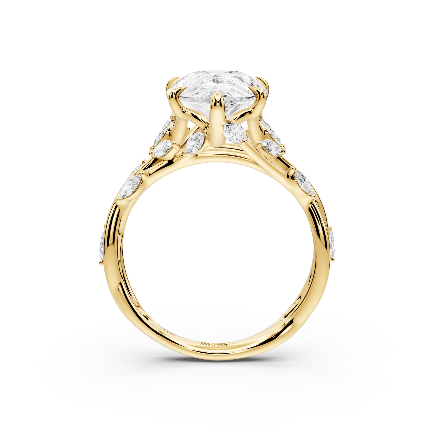 Sarah - 4ct 18k yellow gold Pear Nature-Inspired Engagement Ring with Sculpted Vine and Leaf Side Stones - Mr. Alex Jewelry