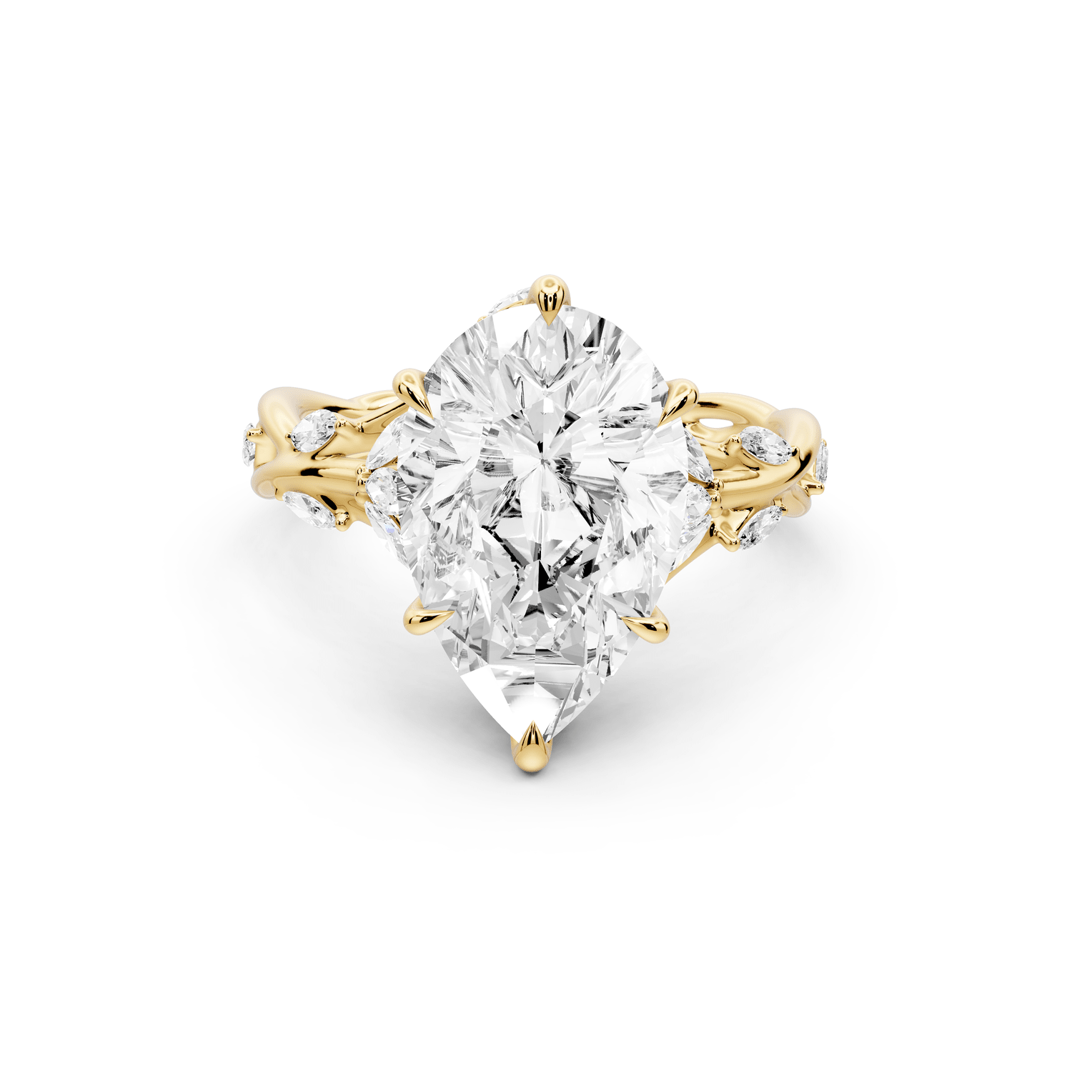 Sarah - 4ct 18k yellow gold Pear Nature-Inspired Engagement Ring with Sculpted Vine and Leaf Side Stones - Mr. Alex Jewelry