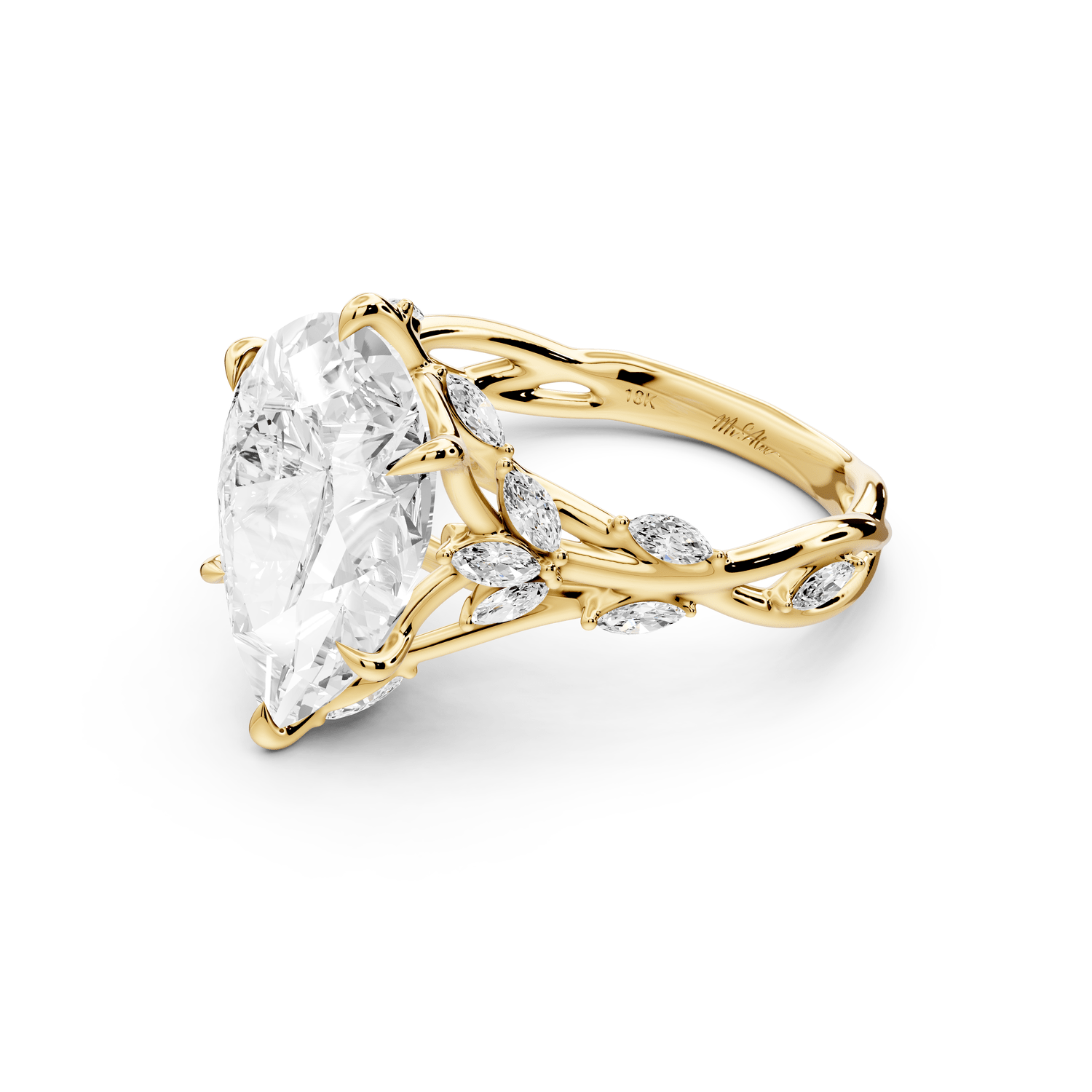 Sarah - 4ct 18k yellow gold Pear Nature-Inspired Engagement Ring with Sculpted Vine and Leaf Side Stones - Mr. Alex Jewelry
