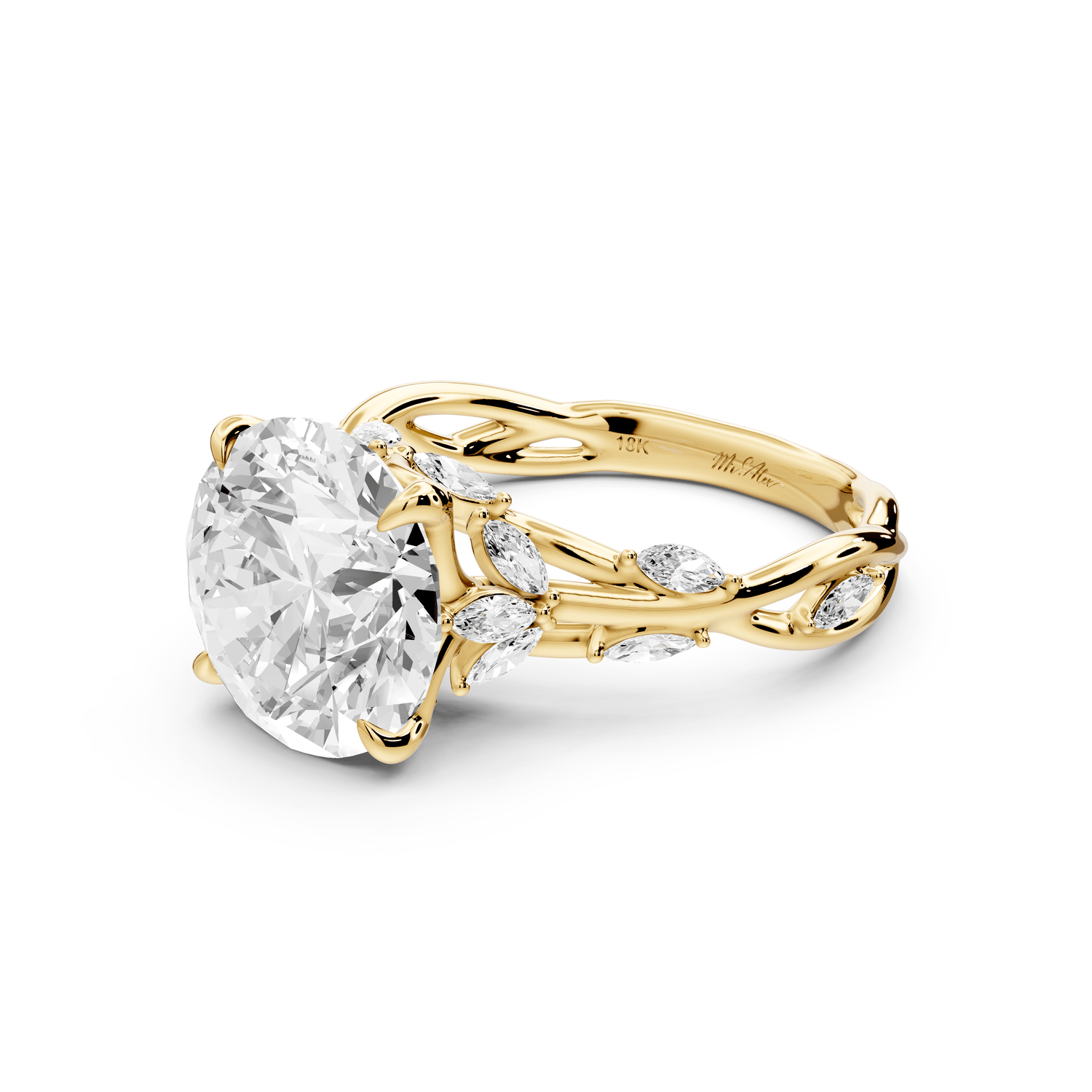 Sarah - 4ct 18k yellow gold Round Nature-Inspired Engagement Ring with Sculpted Vine and Leaf Side Stones - Mr. Alex Jewelry