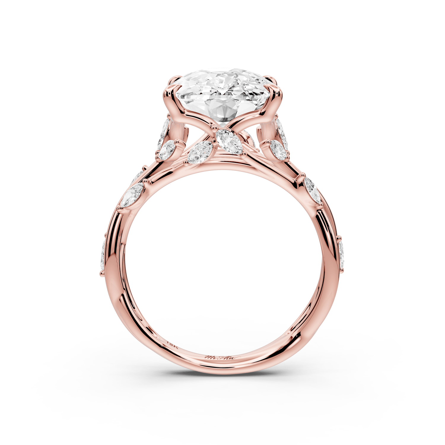 Sarah - 5ct 14k rose gold Ecushion Nature-Inspired Engagement Ring with Sculpted Vine and Leaf Side Stones - Mr. Alex Jewelry