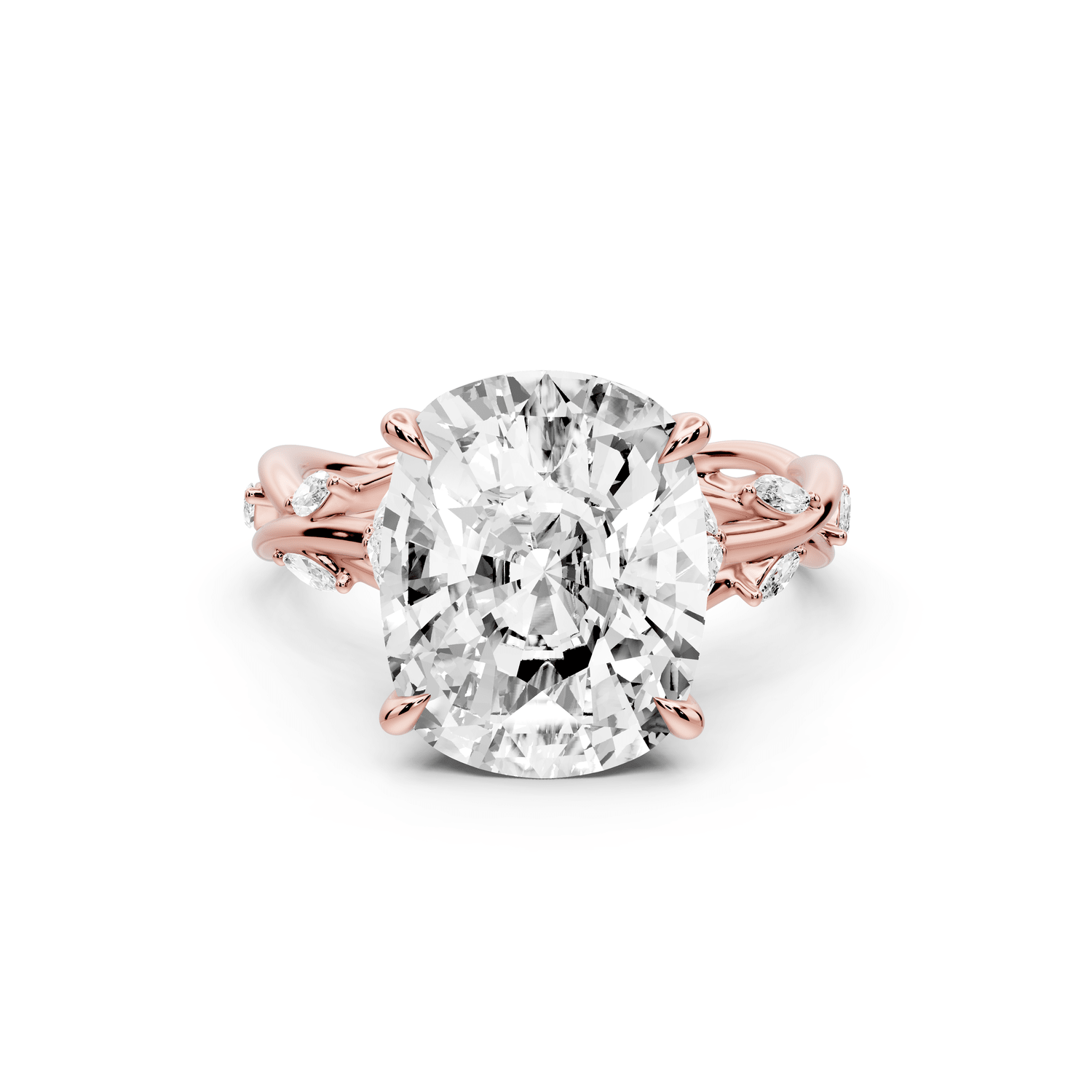 Sarah - 5ct 14k rose gold Ecushion Nature-Inspired Engagement Ring with Sculpted Vine and Leaf Side Stones - Mr. Alex Jewelry