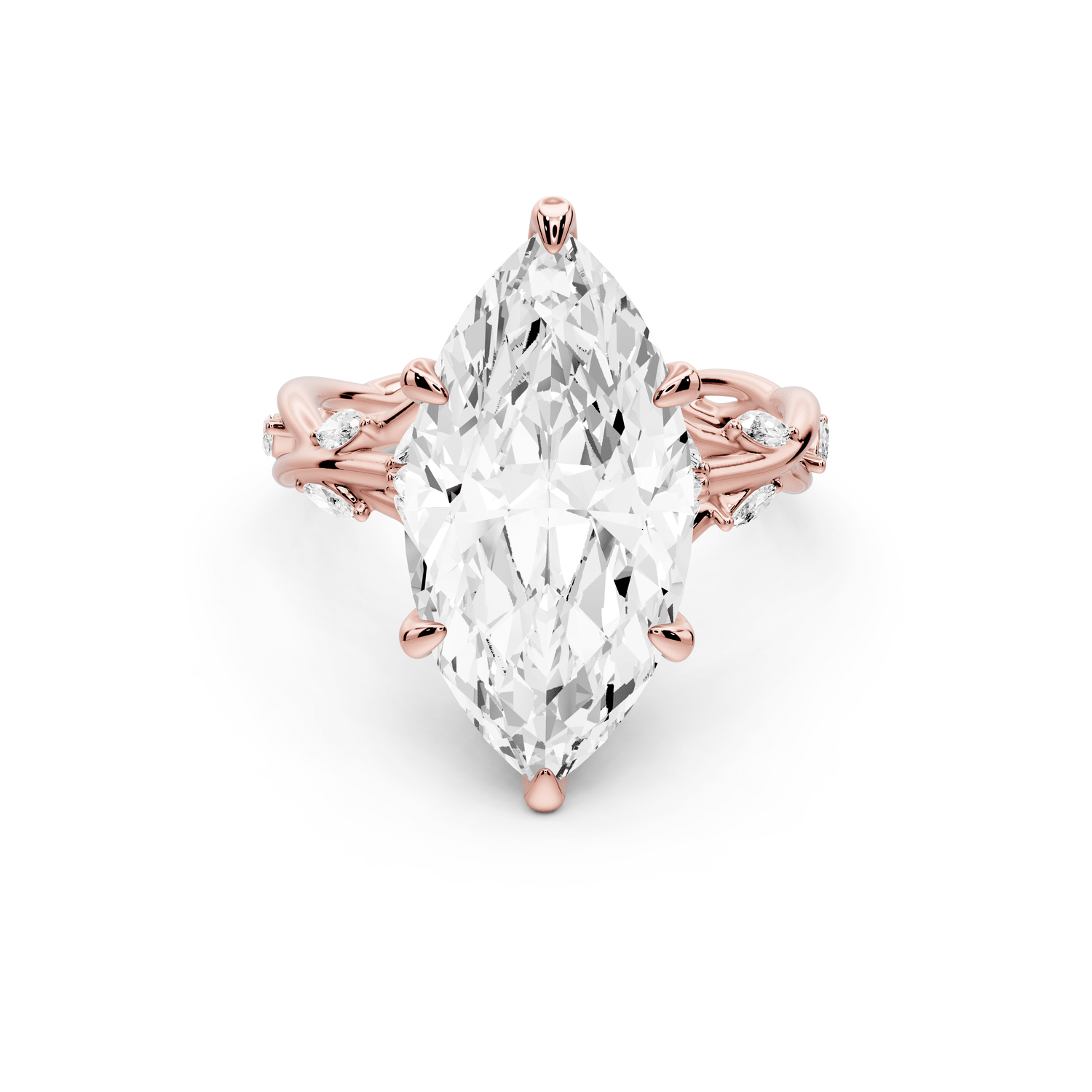 Sarah - 5ct 14k rose gold Marquise Nature-Inspired Engagement Ring with Sculpted Vine and Leaf Side Stones - Mr. Alex Jewelry