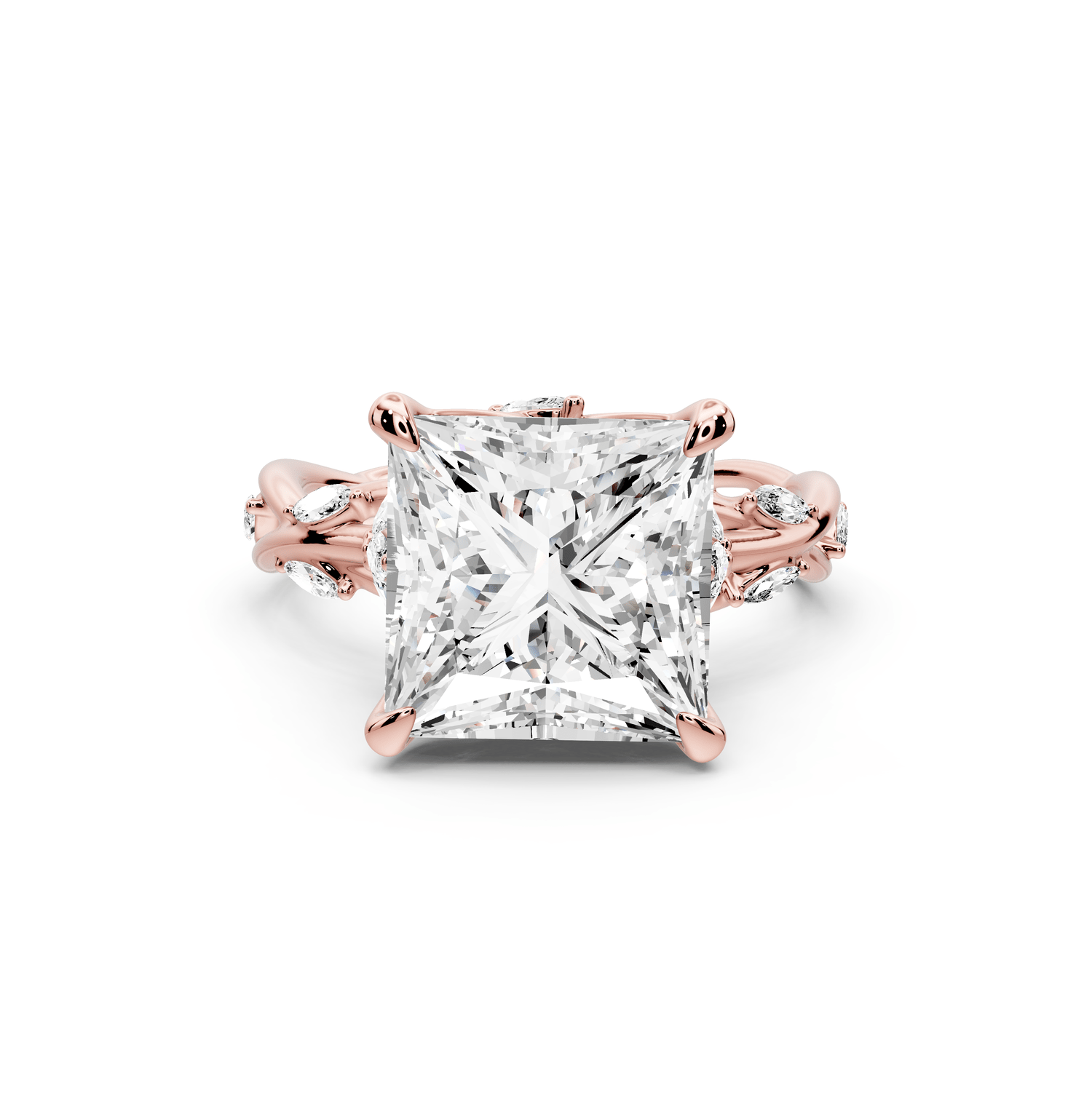 Sarah - 5ct 14k rose gold Princess Nature-Inspired Engagement Ring with Sculpted Vine and Leaf Side Stones - Mr. Alex Jewelry