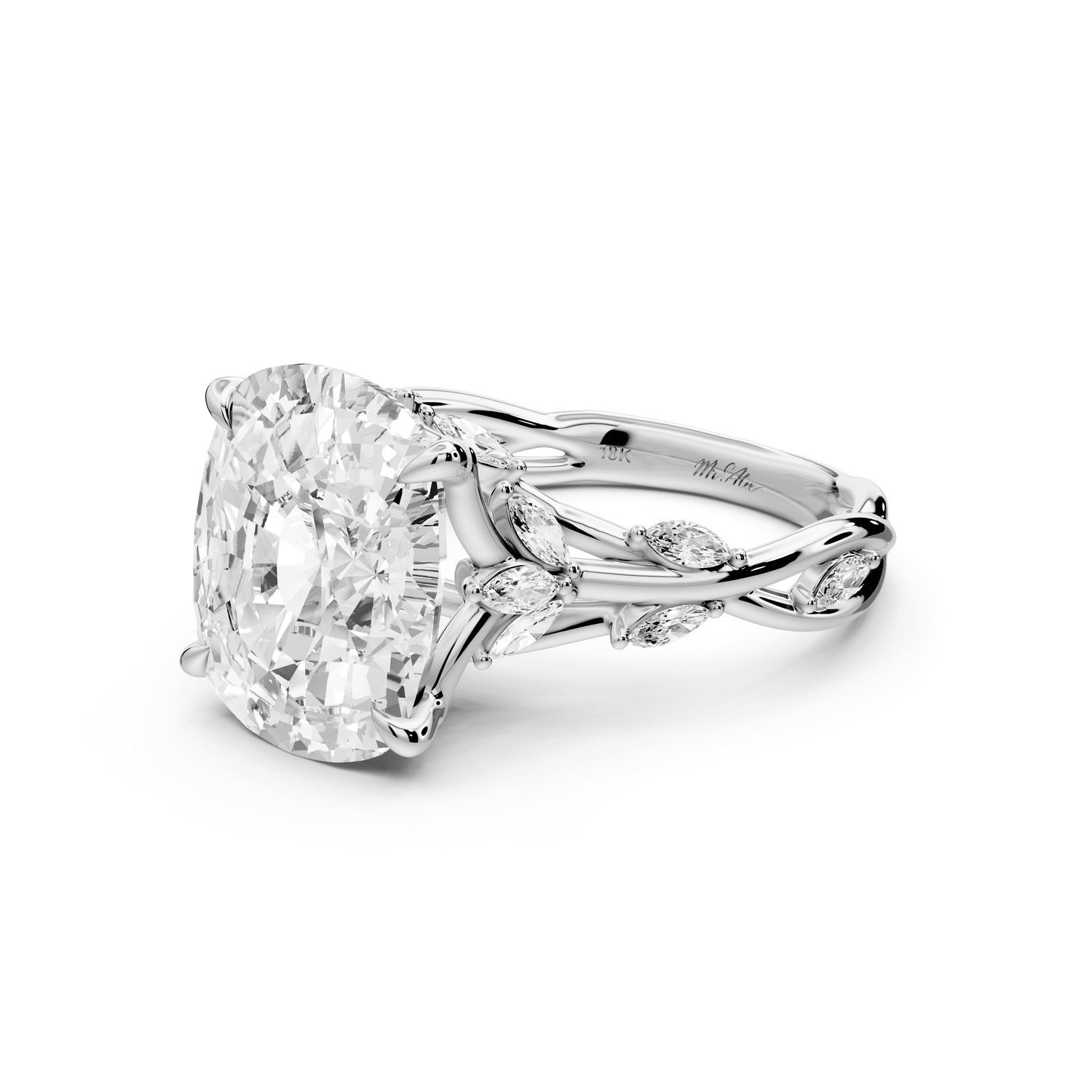 Sarah - 5ct 14k white gold Ecushion Nature-Inspired Engagement Ring with Sculpted Vine and Leaf Side Stones - Mr. Alex Jewelry