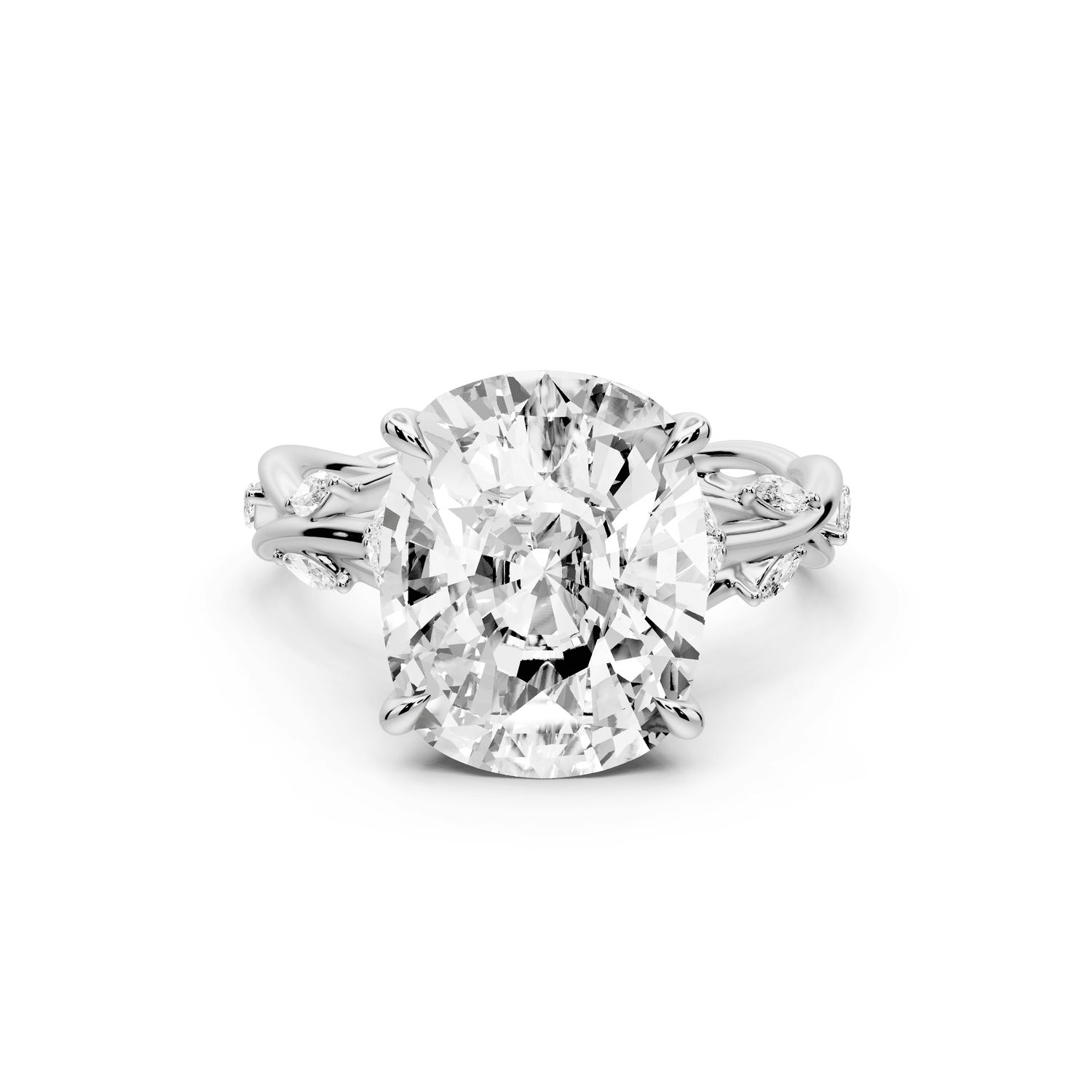 Sarah - 5ct 14k white gold Ecushion Nature-Inspired Engagement Ring with Sculpted Vine and Leaf Side Stones - Mr. Alex Jewelry