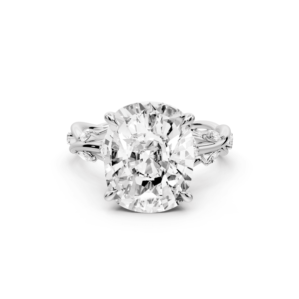 Sarah - 5ct 14k white gold Ecushion Nature-Inspired Engagement Ring with Sculpted Vine and Leaf Side Stones - Mr. Alex Jewelry