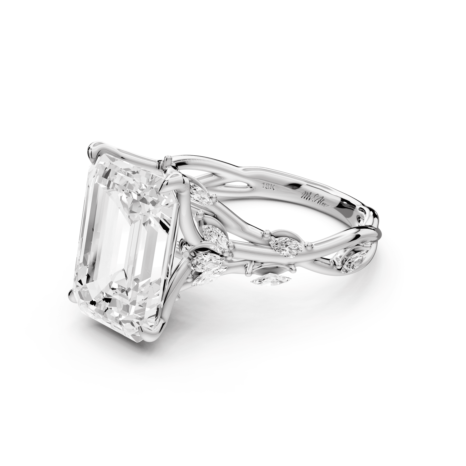Sarah - 5ct 14k white gold Emerald Nature-Inspired Engagement Ring with Sculpted Vine and Leaf Side Stones - Mr. Alex Jewelry
