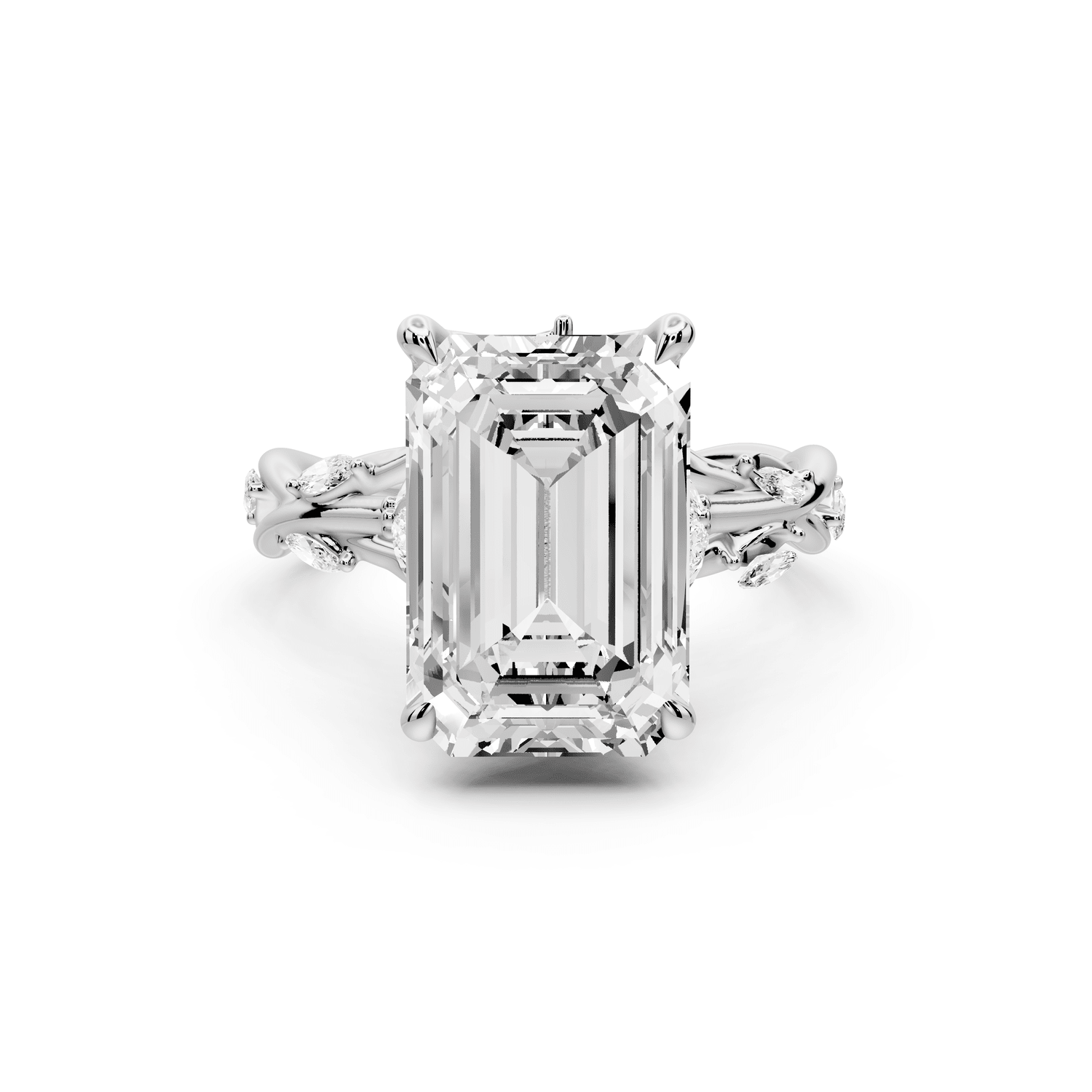 Sarah - 5ct 14k white gold Emerald Nature-Inspired Engagement Ring with Sculpted Vine and Leaf Side Stones - Mr. Alex Jewelry