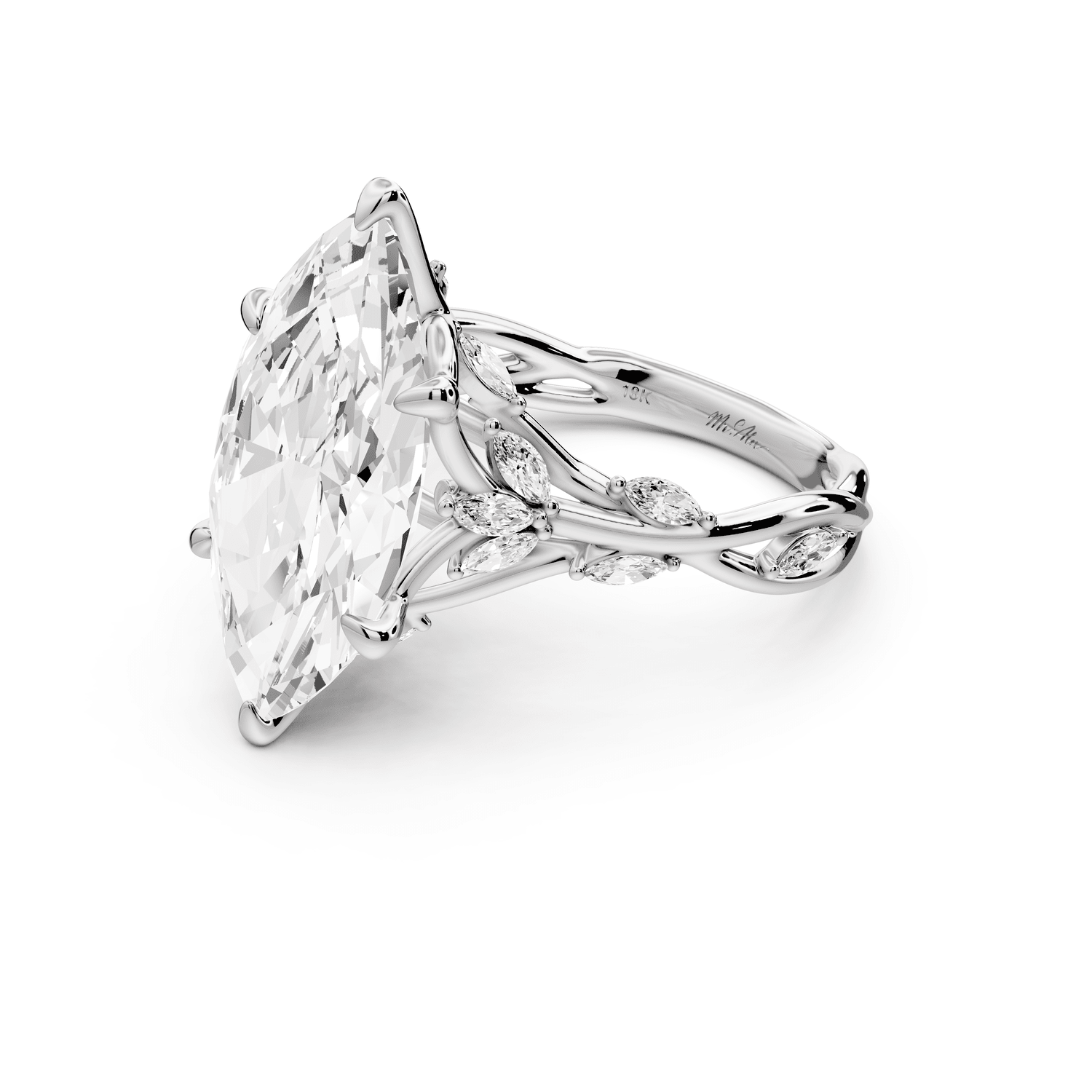 Sarah - 5ct 14k white gold Marquise Nature-Inspired Engagement Ring with Sculpted Vine and Leaf Side Stones - Mr. Alex Jewelry