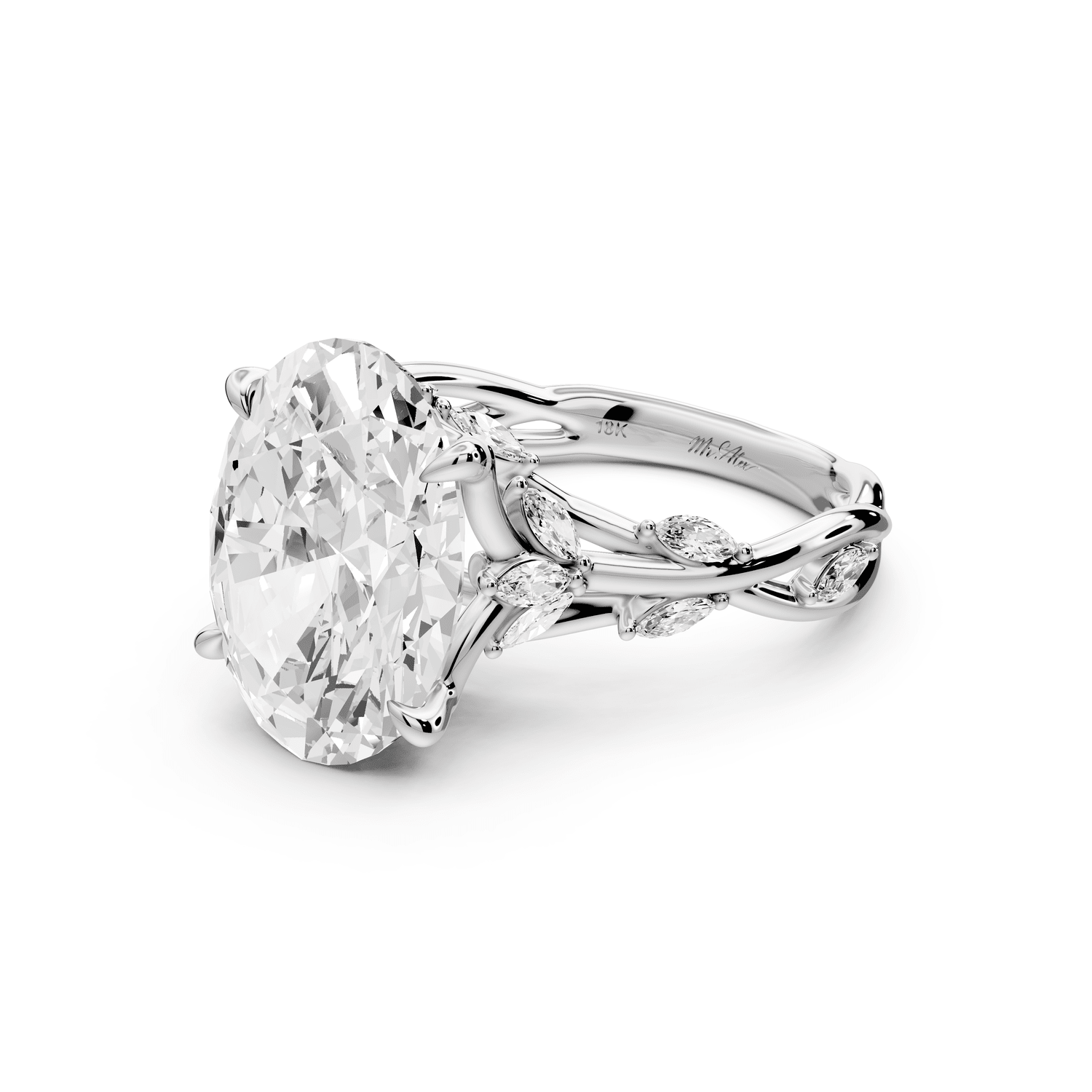 Sarah - 5ct 14k white gold Oval Nature-Inspired Engagement Ring with Sculpted Vine and Leaf Side Stones - Mr. Alex Jewelry