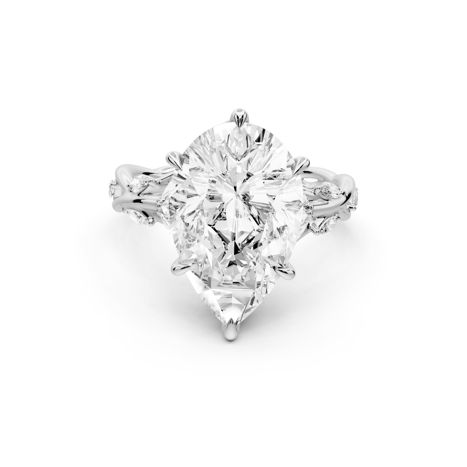 Sarah - 5ct 14k white gold Pear Nature-Inspired Engagement Ring with Sculpted Vine and Leaf Side Stones - Mr. Alex Jewelry