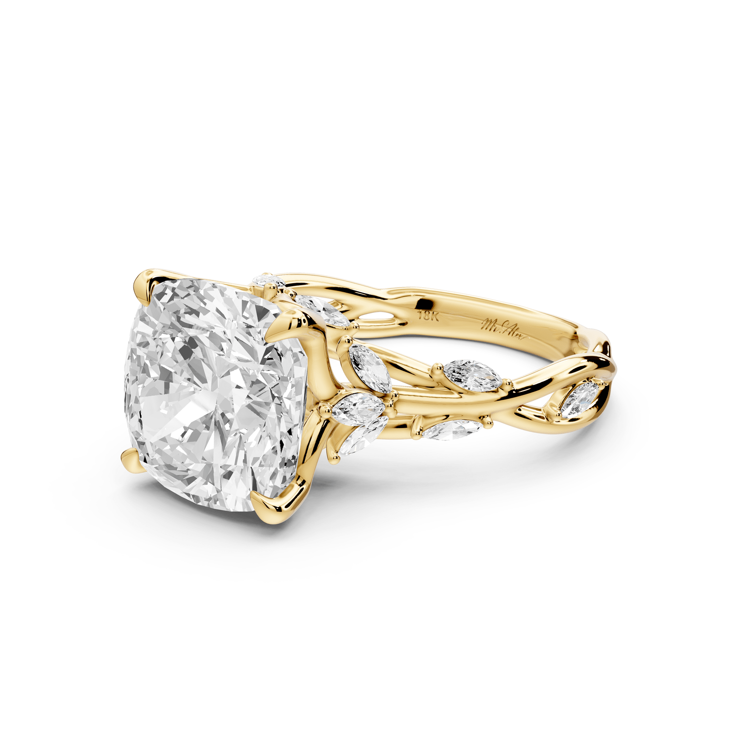 Sarah - 5ct 14k yellow gold Cushion Nature-Inspired Engagement Ring with Sculpted Vine and Leaf Side Stones - Mr. Alex Jewelry