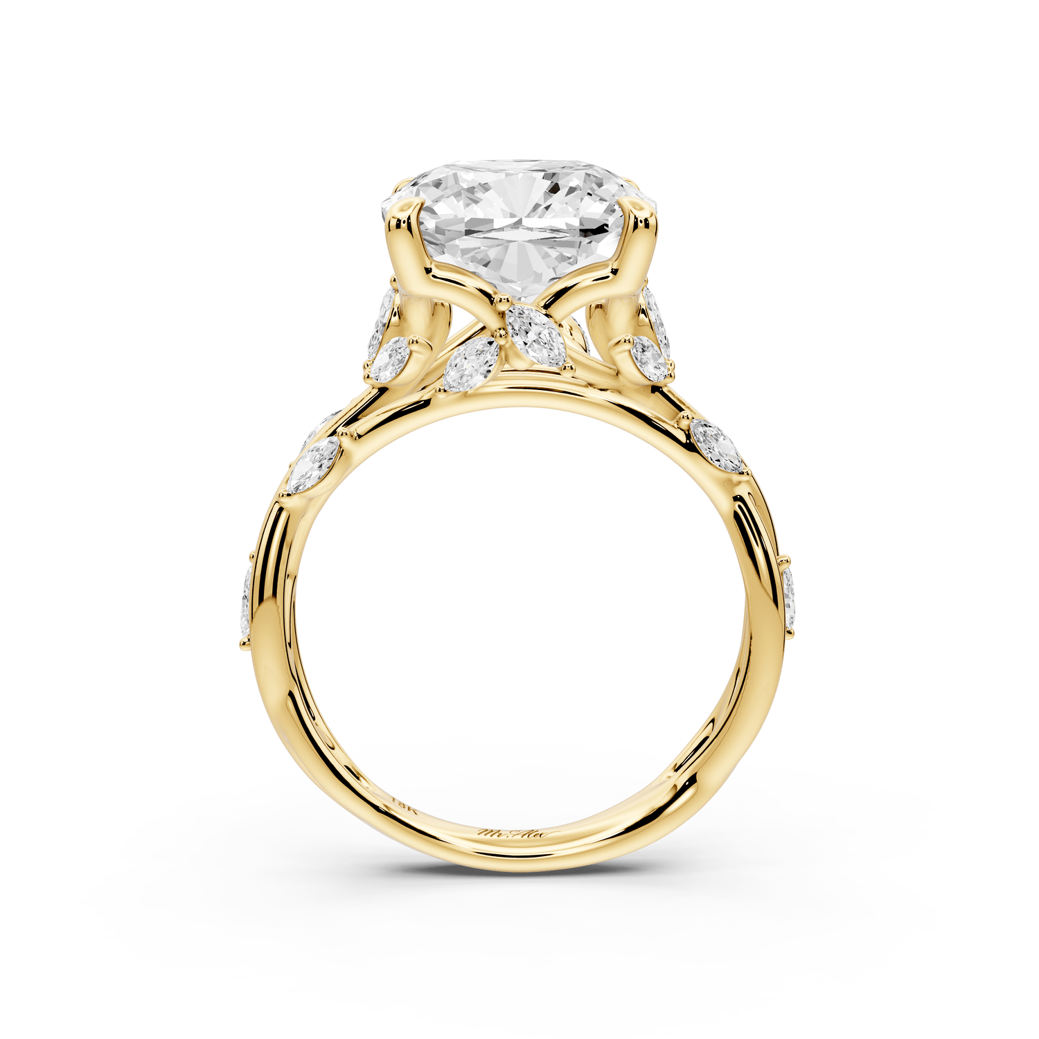 Sarah - 5ct 14k yellow gold Cushion Nature-Inspired Engagement Ring with Sculpted Vine and Leaf Side Stones - Mr. Alex Jewelry