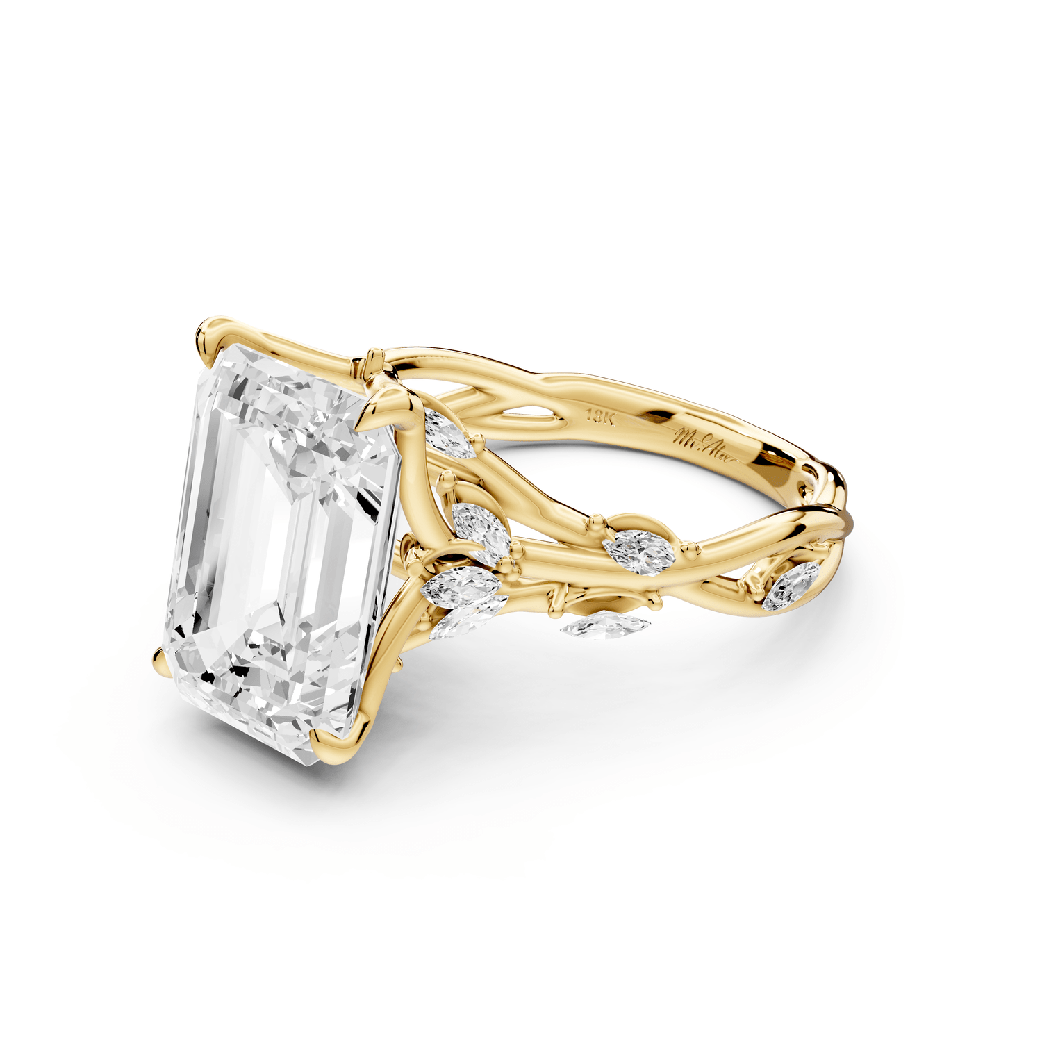 Sarah - 5ct 14k yellow gold Emerald Nature-Inspired Engagement Ring with Sculpted Vine and Leaf Side Stones - Mr. Alex Jewelry