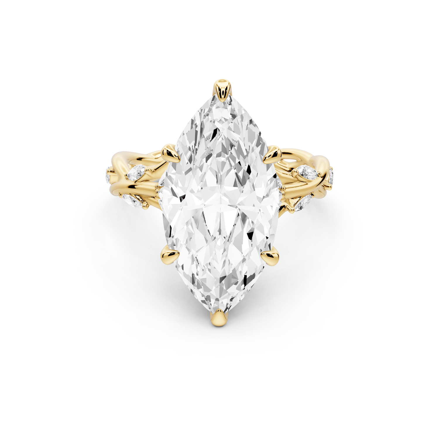 Sarah - 5ct 14k yellow gold Marquise Nature-Inspired Engagement Ring with Sculpted Vine and Leaf Side Stones - Mr. Alex Jewelry