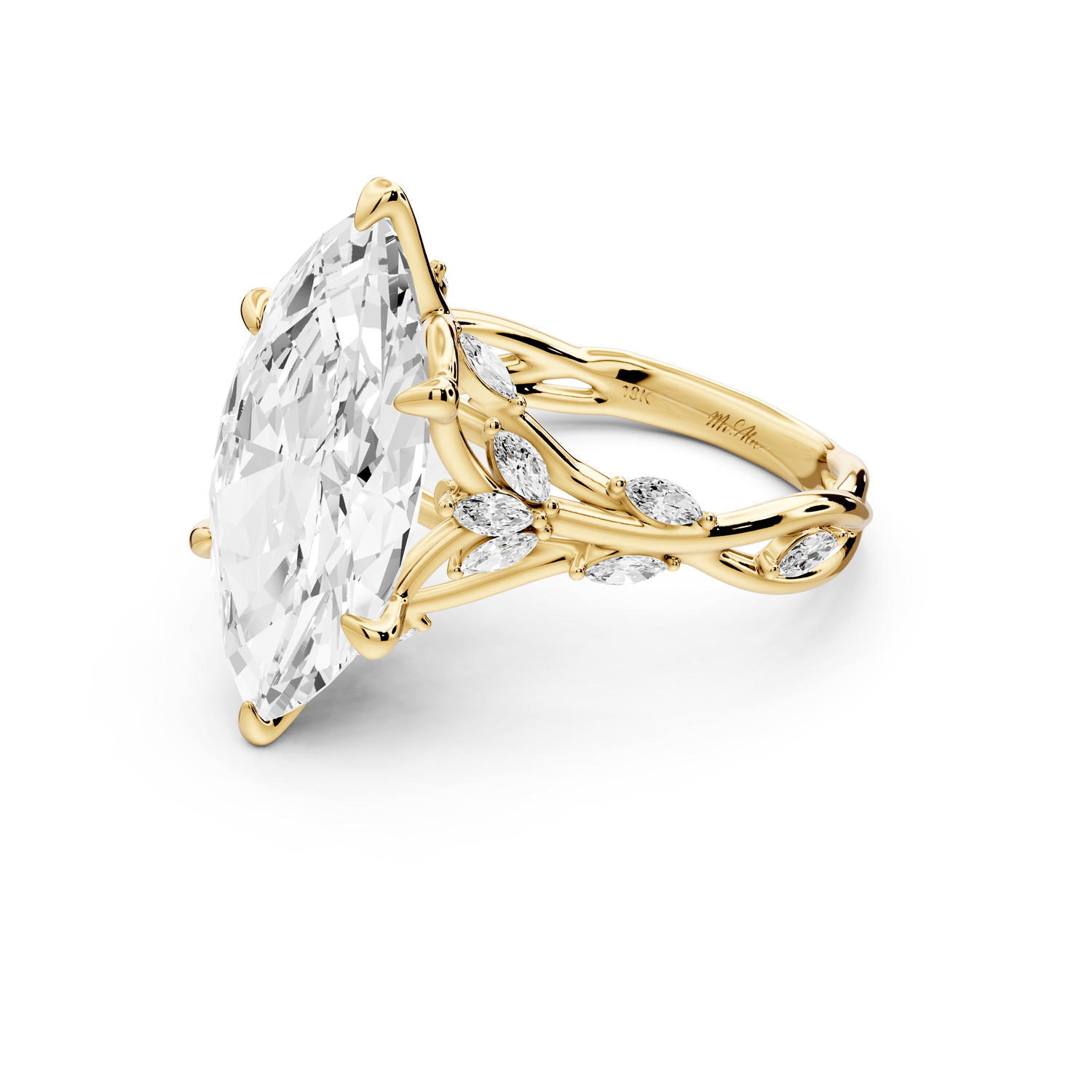 Sarah - 5ct 14k yellow gold Marquise Nature-Inspired Engagement Ring with Sculpted Vine and Leaf Side Stones - Mr. Alex Jewelry