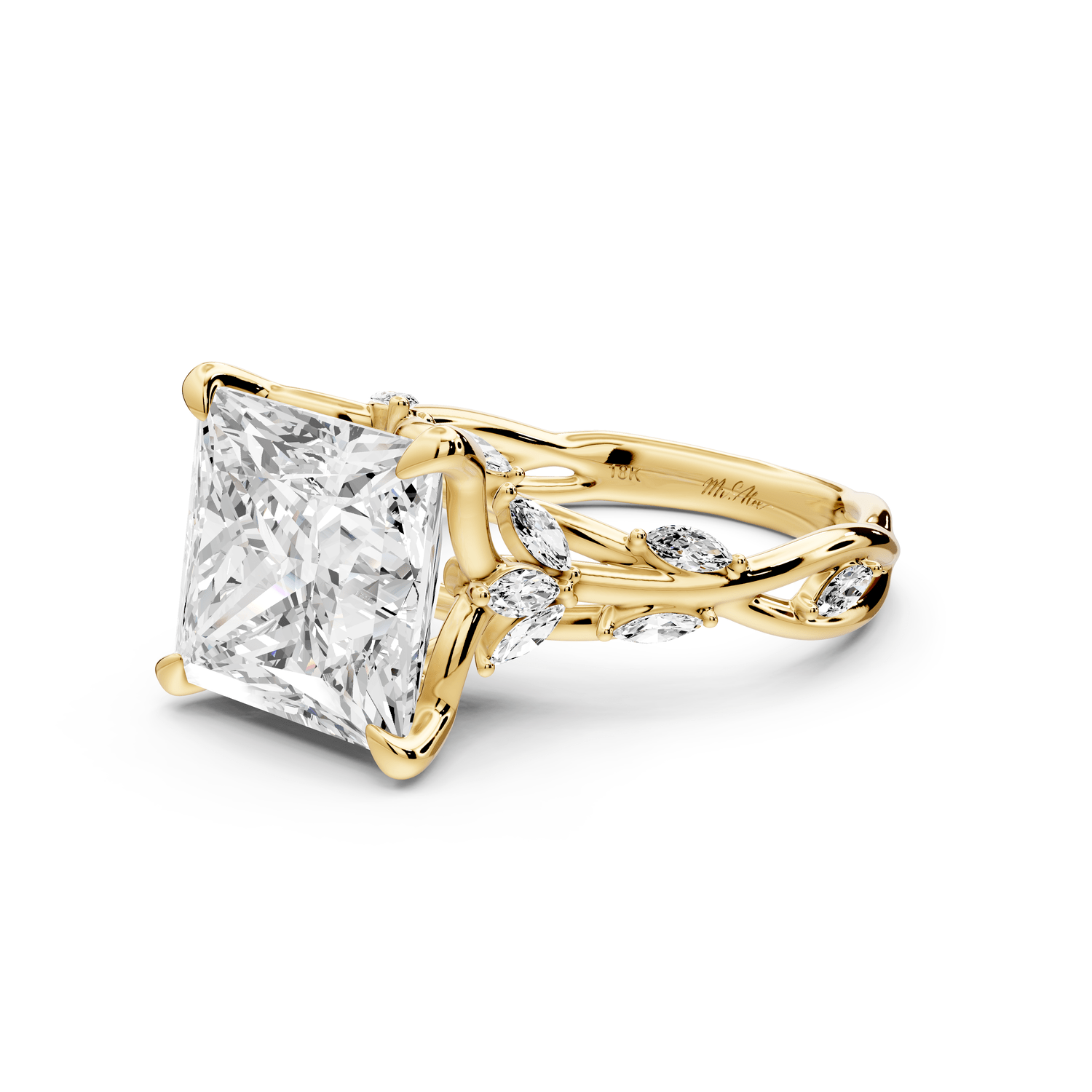 Sarah - 5ct 14k yellow gold Princess Nature-Inspired Engagement Ring with Sculpted Vine and Leaf Side Stones - Mr. Alex Jewelry