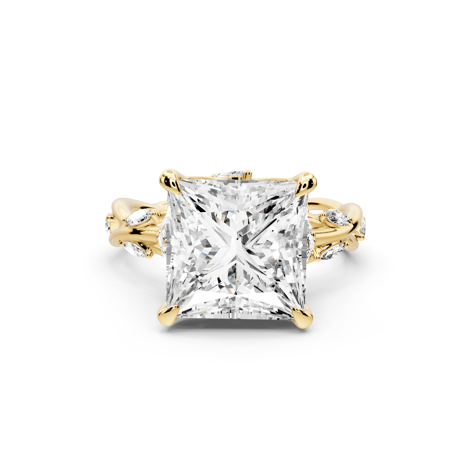 Sarah - 5ct 14k yellow gold Princess Nature-Inspired Engagement Ring with Sculpted Vine and Leaf Side Stones - Mr. Alex Jewelry