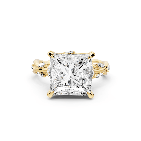 Sarah - 5ct 14k yellow gold Princess Nature-Inspired Engagement Ring with Sculpted Vine and Leaf Side Stones - Mr. Alex Jewelry