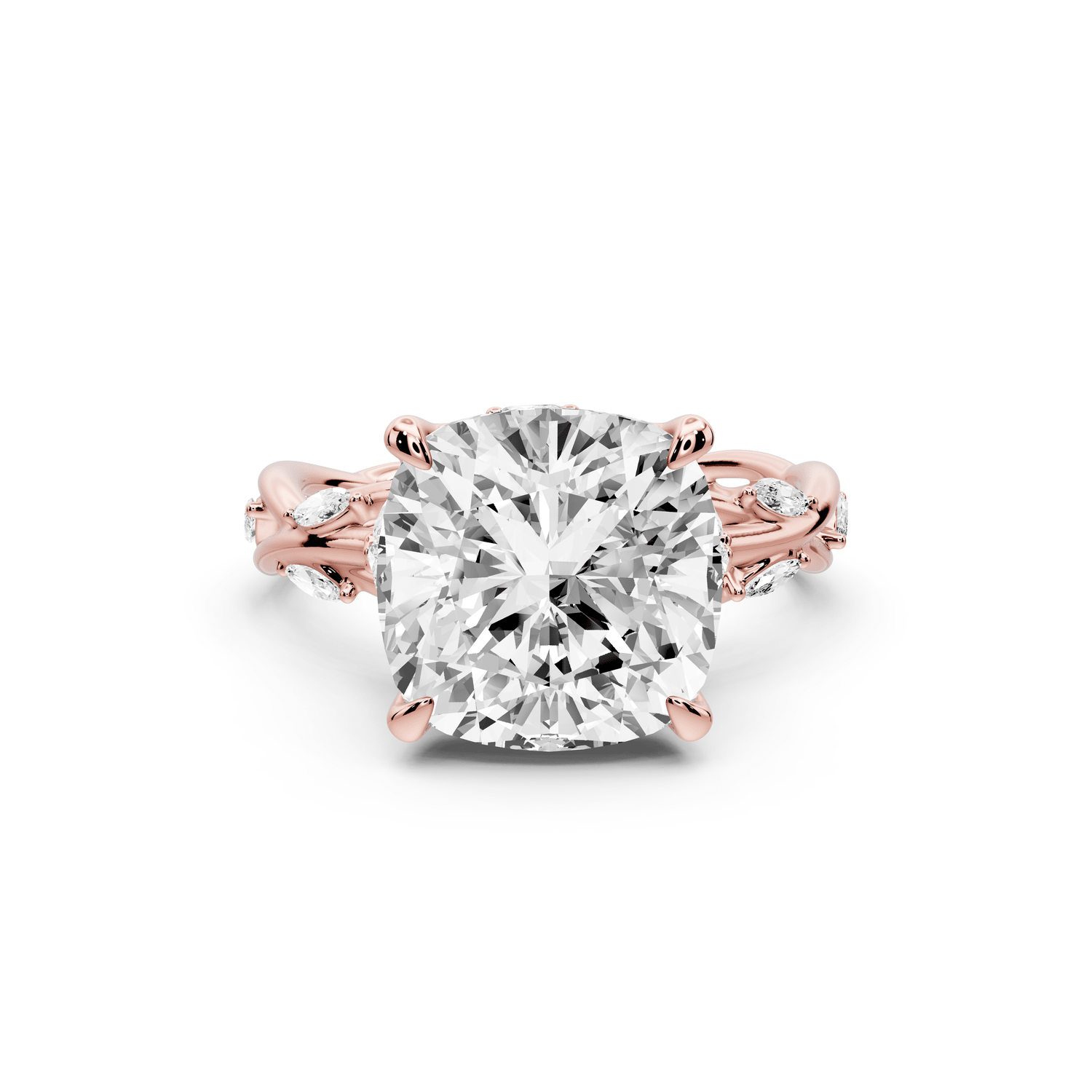 Sarah - 5ct 18k rose gold Cushion Nature-Inspired Engagement Ring with Sculpted Vine and Leaf Side Stones - Mr. Alex Jewelry