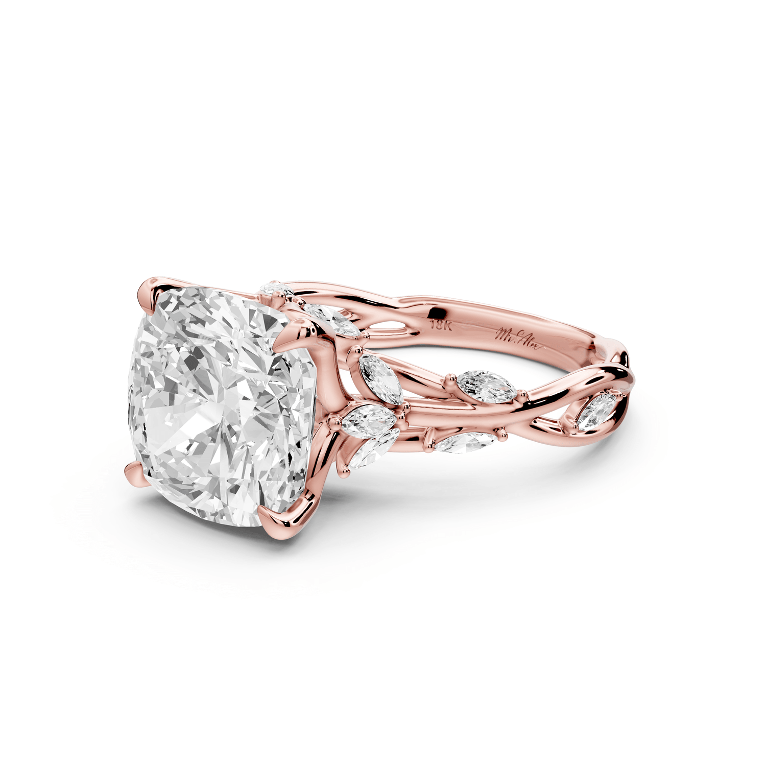 Sarah - 5ct 18k rose gold Cushion Nature-Inspired Engagement Ring with Sculpted Vine and Leaf Side Stones - Mr. Alex Jewelry
