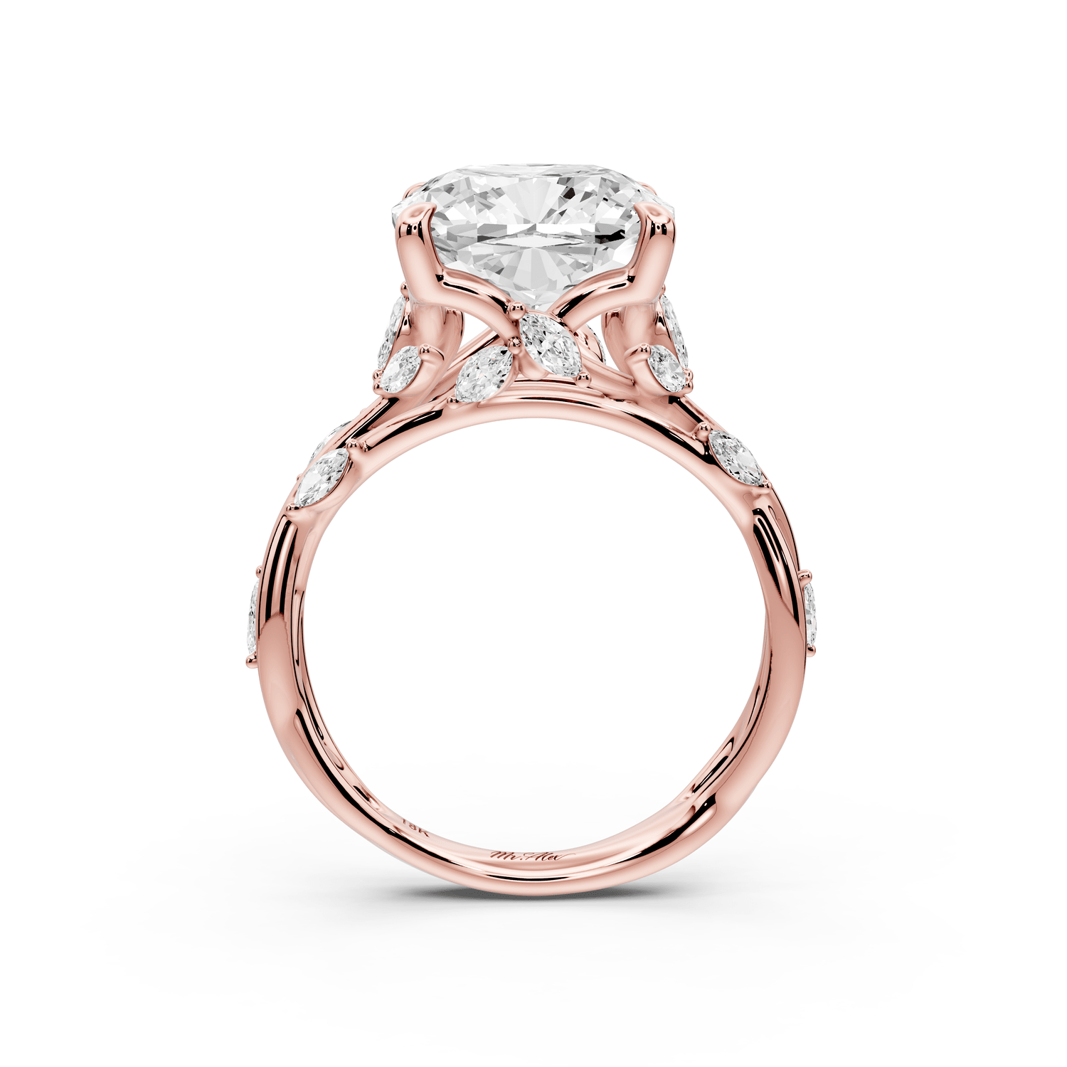 Sarah - 5ct 18k rose gold Cushion Nature-Inspired Engagement Ring with Sculpted Vine and Leaf Side Stones - Mr. Alex Jewelry