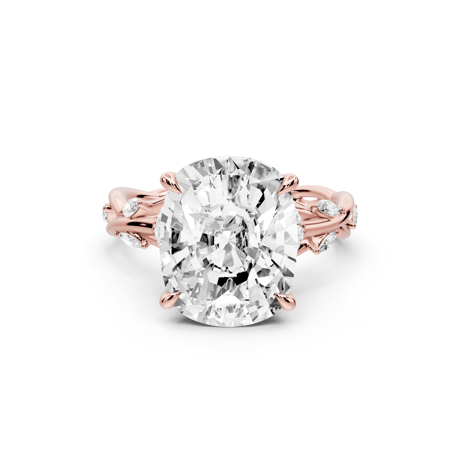 Sarah - 5ct 18k rose gold Ecushion Nature-Inspired Engagement Ring with Sculpted Vine and Leaf Side Stones - Mr. Alex Jewelry