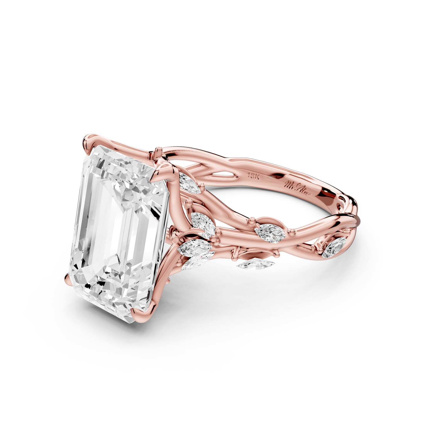 Sarah - 5ct 18k rose gold Emerald Nature-Inspired Engagement Ring with Sculpted Vine and Leaf Side Stones - Mr. Alex Jewelry