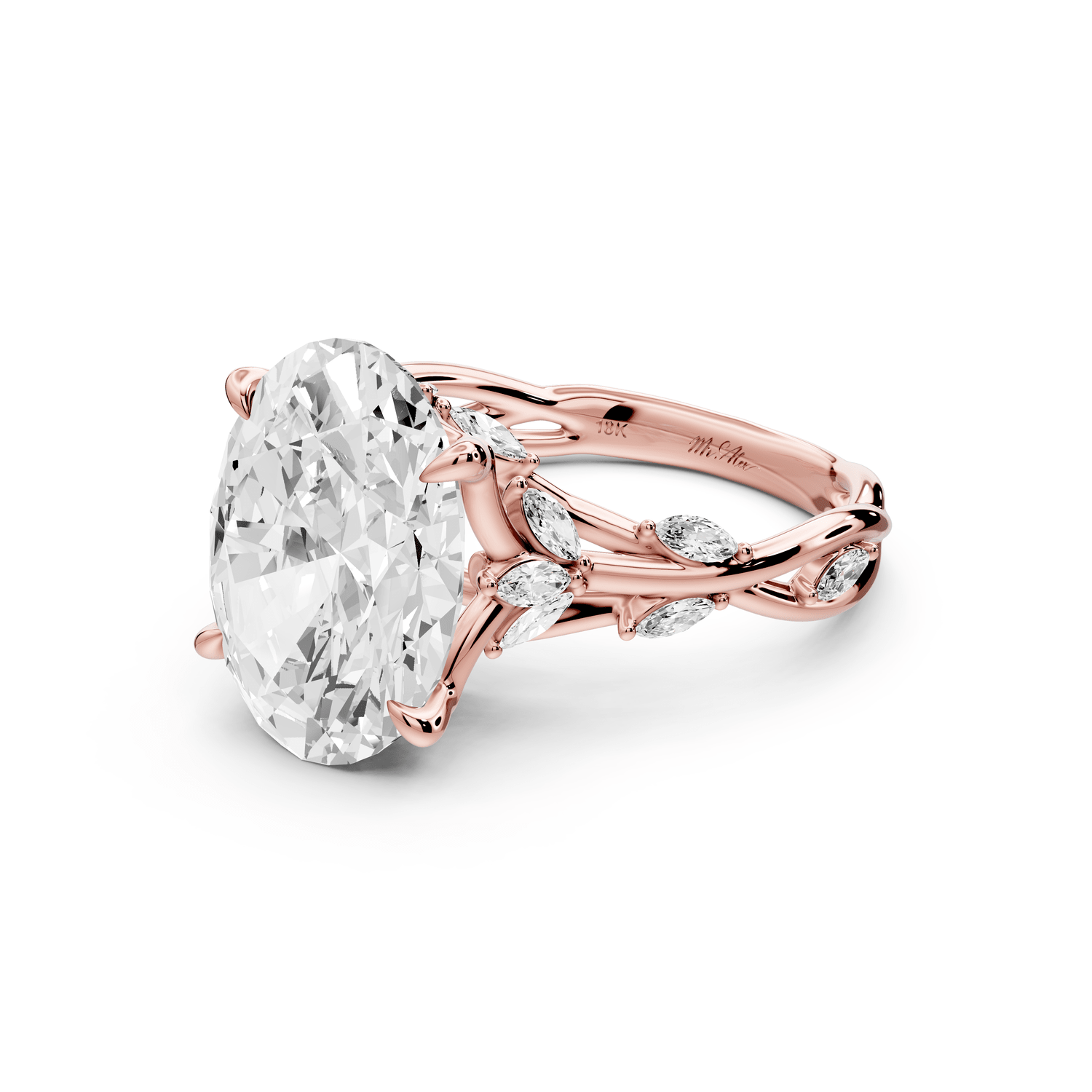 Sarah - 5ct 18k rose gold Oval Nature-Inspired Engagement Ring with Sculpted Vine and Leaf Side Stones - Mr. Alex Jewelry