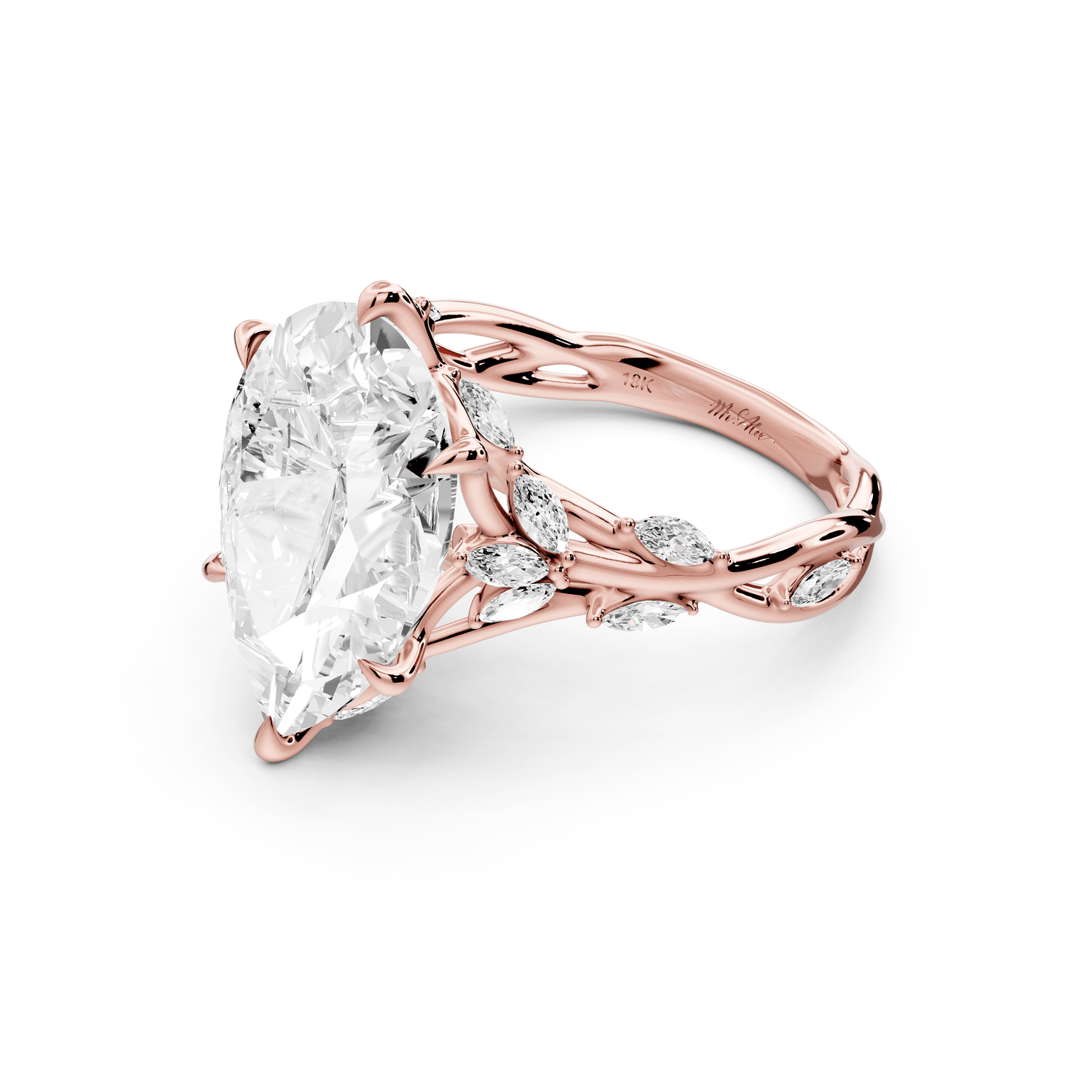 Sarah - 5ct 18k rose gold Pear Nature-Inspired Engagement Ring with Sculpted Vine and Leaf Side Stones - Mr. Alex Jewelry