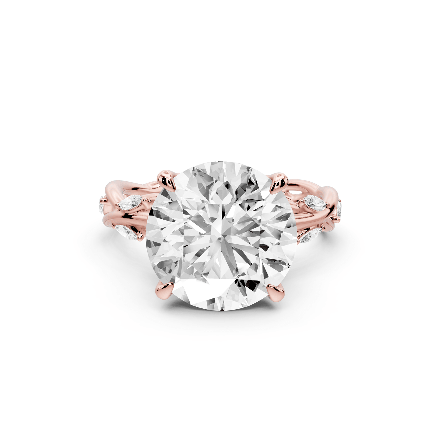 Sarah - 5ct 18k rose gold Round Nature-Inspired Engagement Ring with Sculpted Vine and Leaf Side Stones - Mr. Alex Jewelry