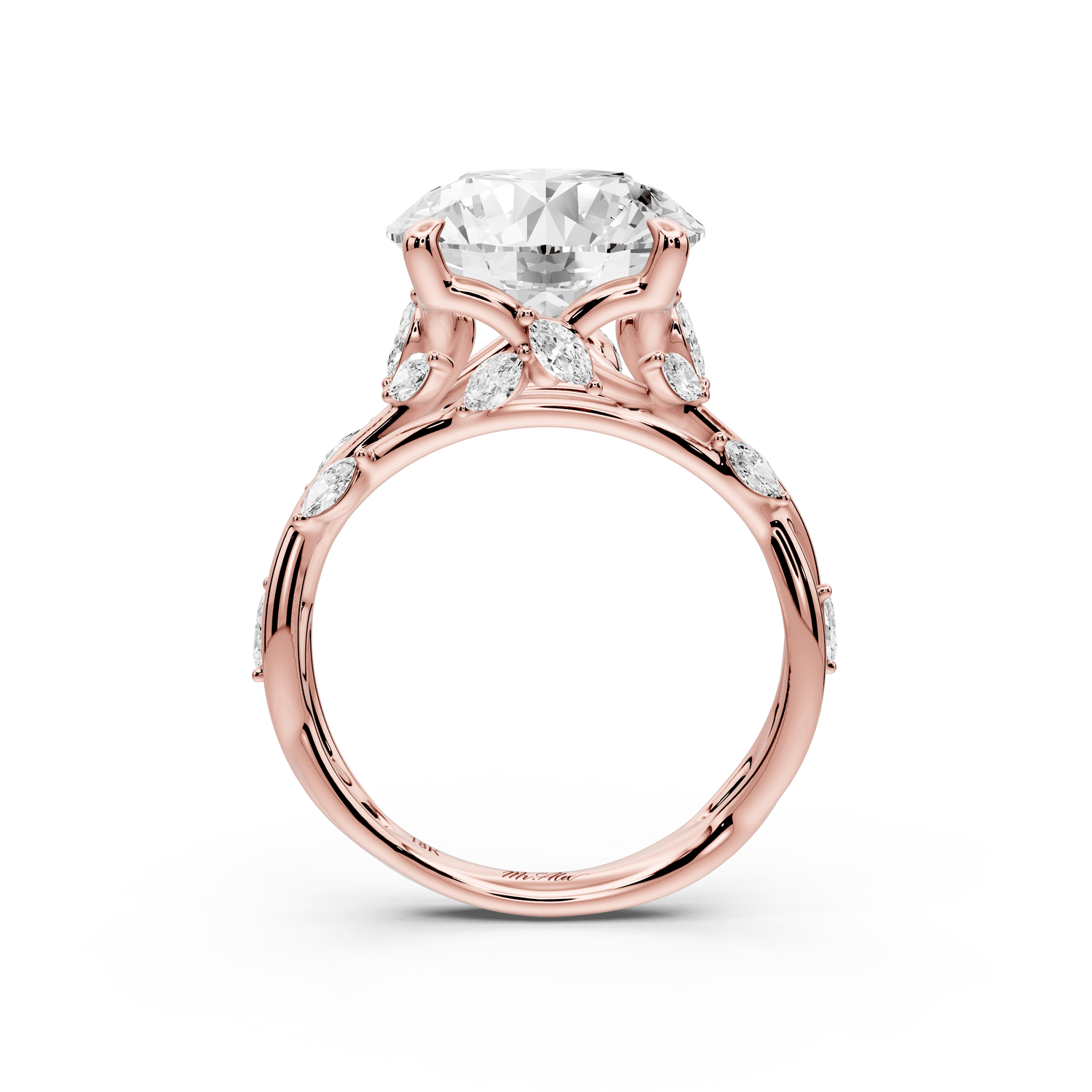 Sarah - 5ct 18k rose gold Round Nature-Inspired Engagement Ring with Sculpted Vine and Leaf Side Stones - Mr. Alex Jewelry