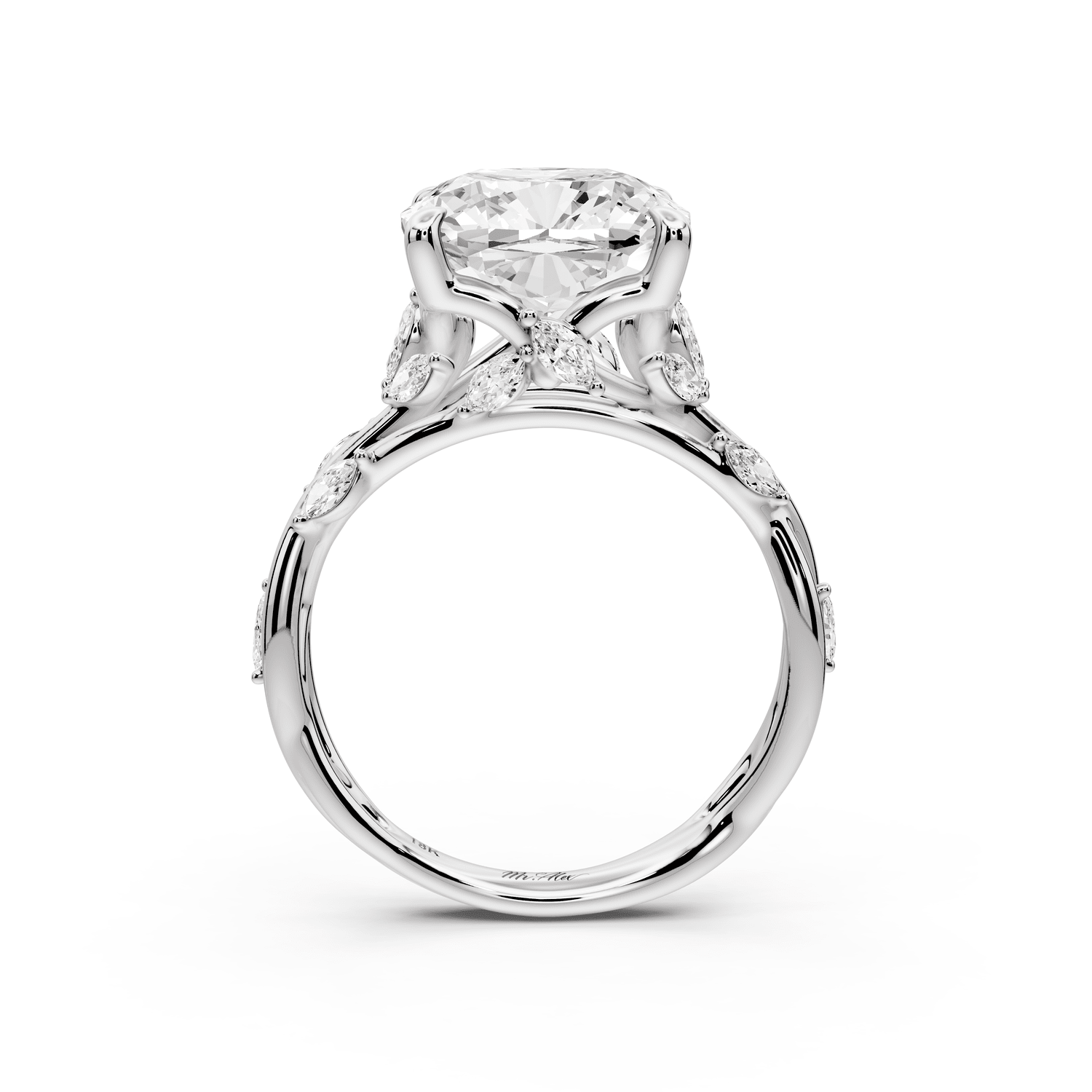 Sarah - 5ct 18k white gold Cushion Nature-Inspired Engagement Ring with Sculpted Vine and Leaf Side Stones - Mr. Alex Jewelry