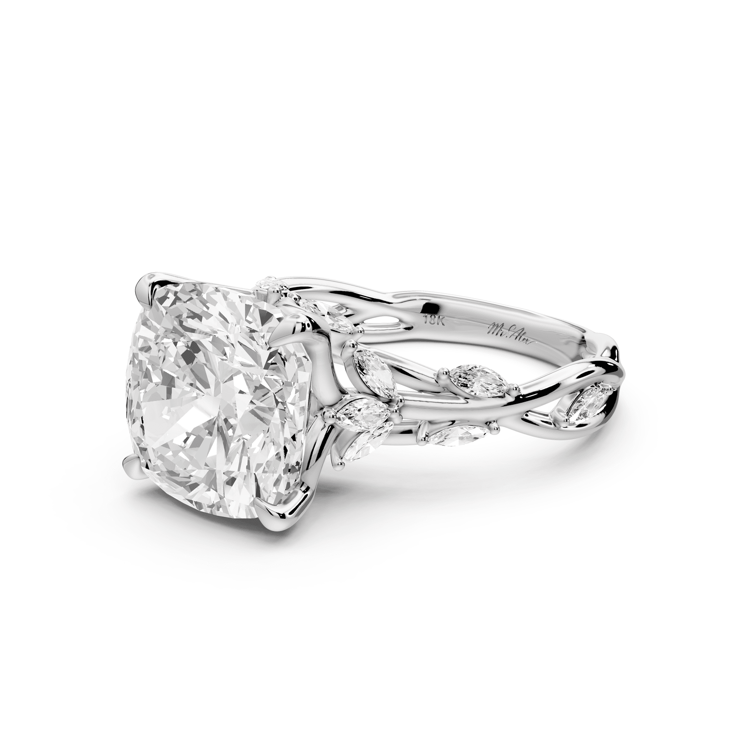 Sarah - 5ct 18k white gold Cushion Nature-Inspired Engagement Ring with Sculpted Vine and Leaf Side Stones - Mr. Alex Jewelry