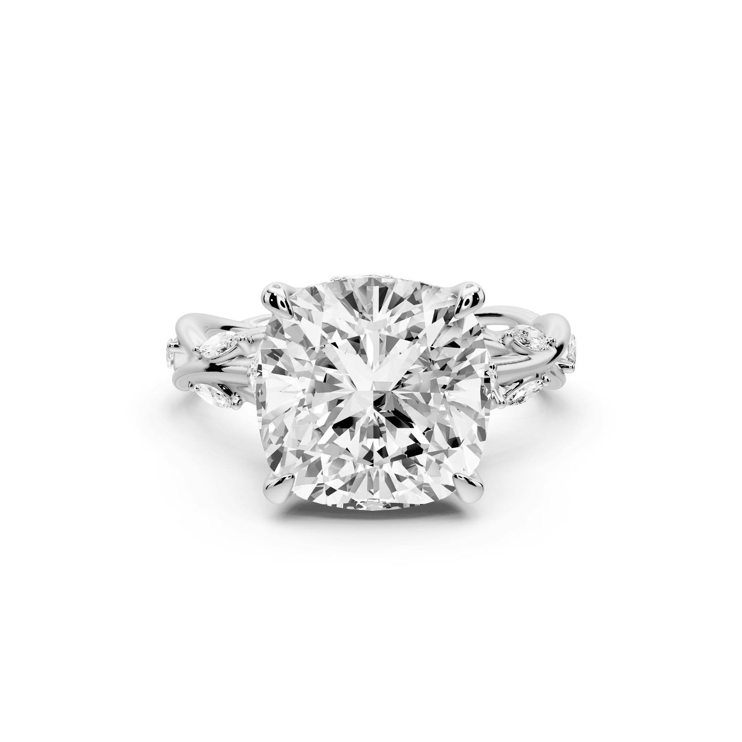 Sarah - 5ct 18k white gold Cushion Nature-Inspired Engagement Ring with Sculpted Vine and Leaf Side Stones - Mr. Alex Jewelry