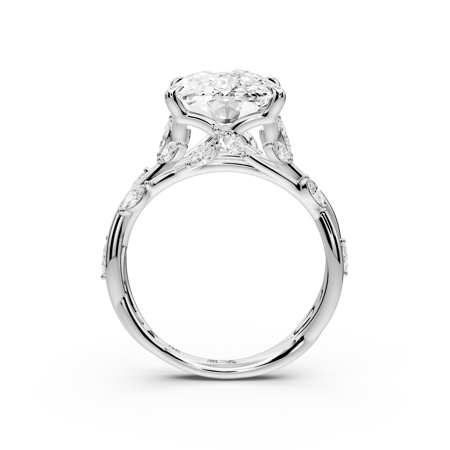 Sarah - 5ct 18k white gold Ecushion Nature-Inspired Engagement Ring with Sculpted Vine and Leaf Side Stones - Mr. Alex Jewelry
