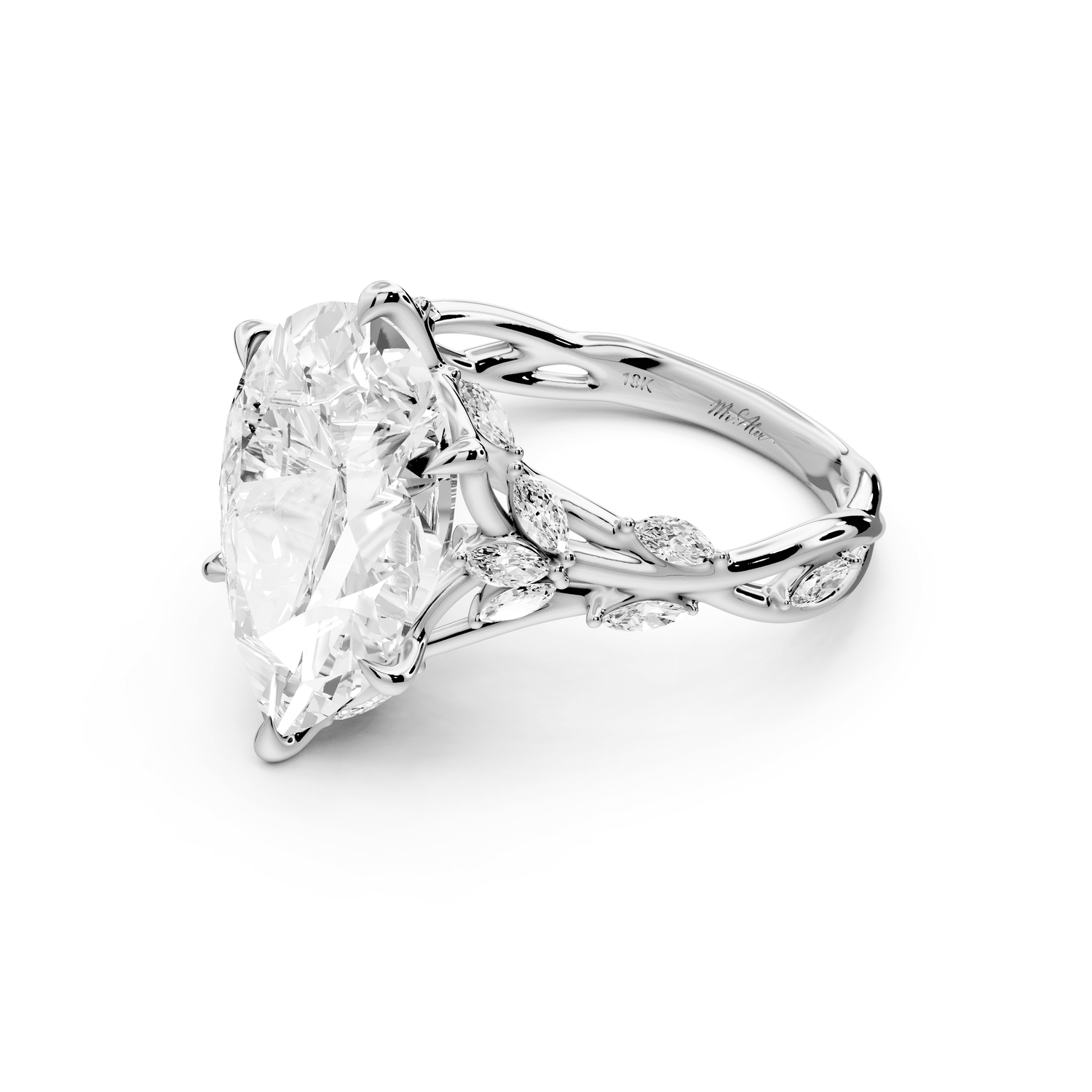 Sarah - 5ct 18k white gold Pear Nature-Inspired Engagement Ring with Sculpted Vine and Leaf Side Stones - Mr. Alex Jewelry