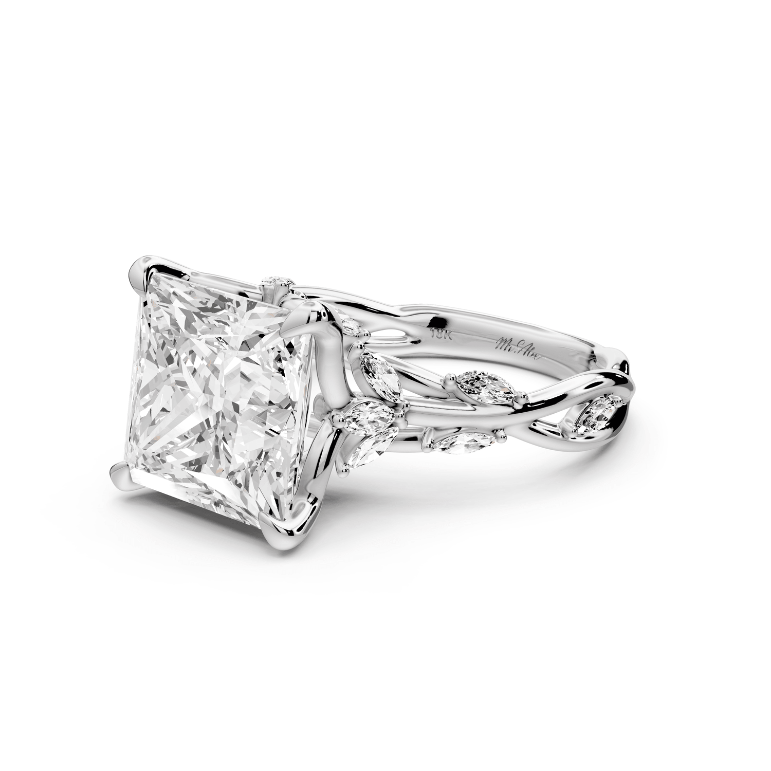 Sarah - 5ct 18k white gold Princess Nature-Inspired Engagement Ring with Sculpted Vine and Leaf Side Stones - Mr. Alex Jewelry