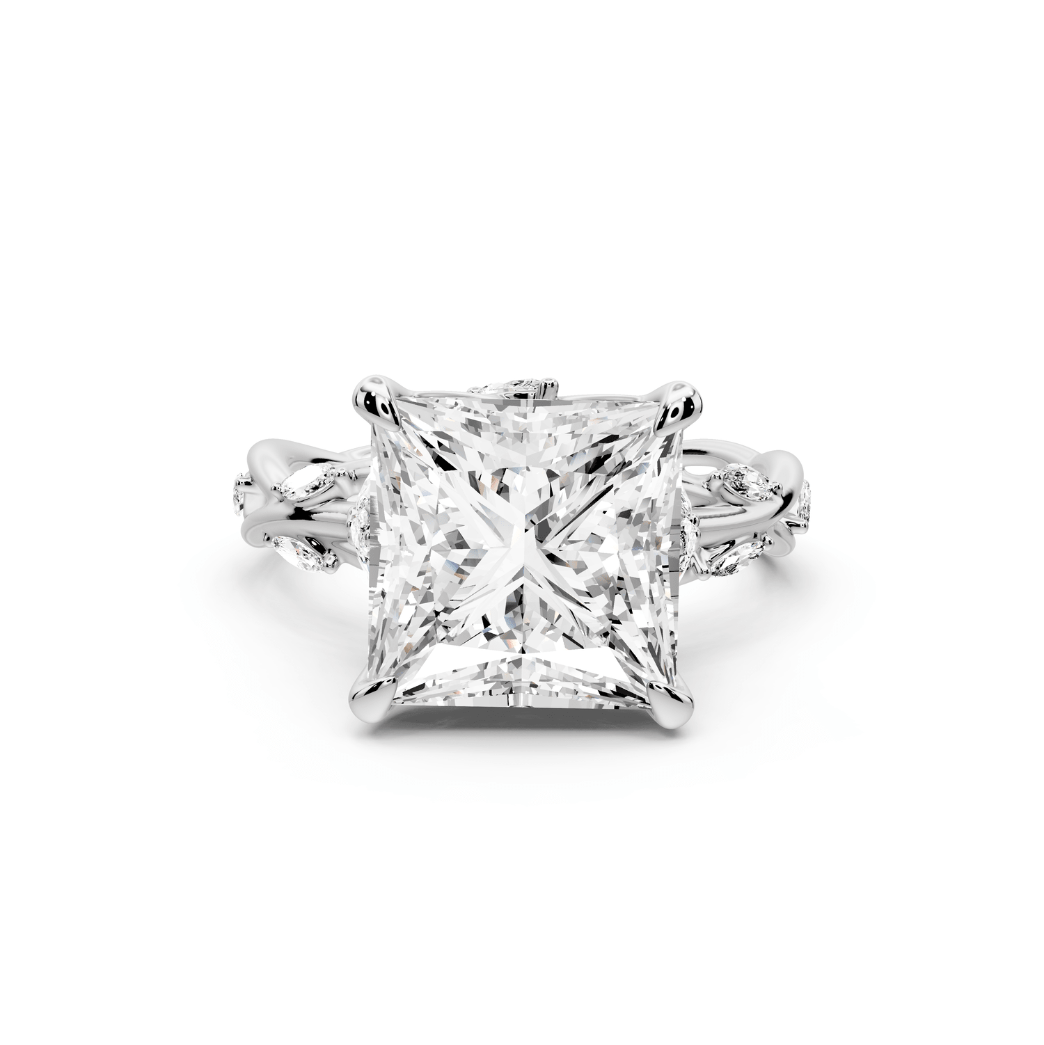 Sarah - 5ct 18k white gold Princess Nature-Inspired Engagement Ring with Sculpted Vine and Leaf Side Stones - Mr. Alex Jewelry