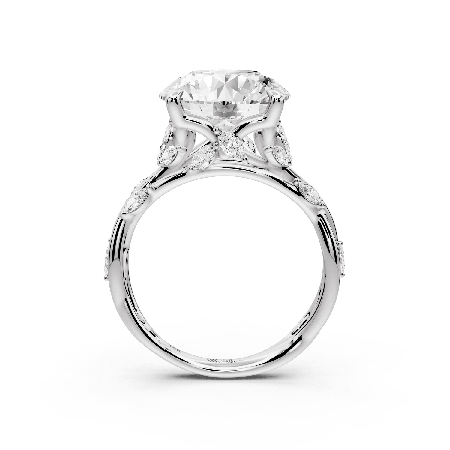Sarah - 5ct 18k white gold Round Nature-Inspired Engagement Ring with Sculpted Vine and Leaf Side Stones - Mr. Alex Jewelry