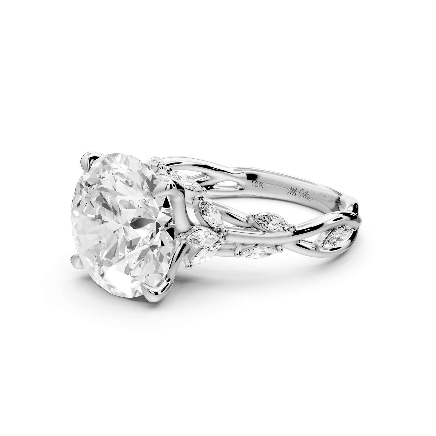 Sarah - 5ct 18k white gold Round Nature-Inspired Engagement Ring with Sculpted Vine and Leaf Side Stones - Mr. Alex Jewelry
