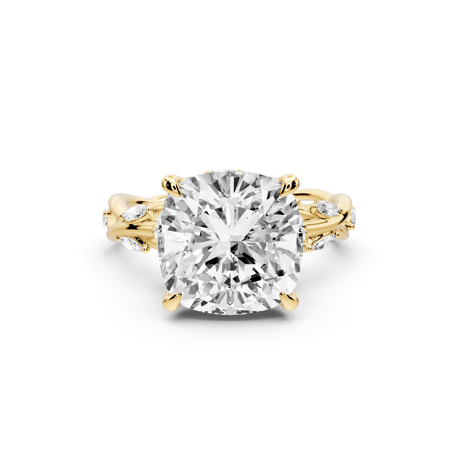 Sarah - 5ct 18k yellow gold Cushion Nature-Inspired Engagement Ring with Sculpted Vine and Leaf Side Stones - Mr. Alex Jewelry