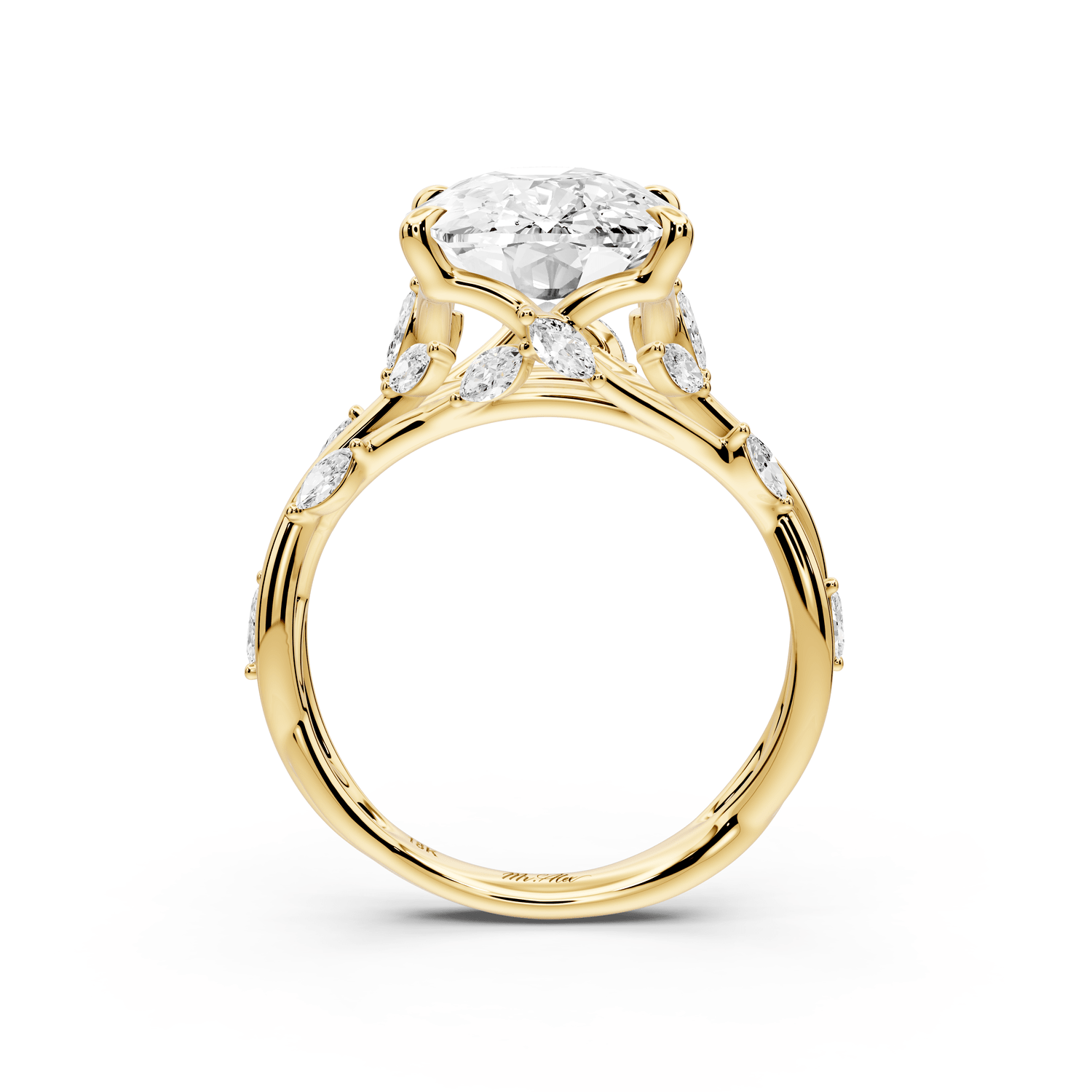 Sarah - 5ct 18k yellow gold Ecushion Nature-Inspired Engagement Ring with Sculpted Vine and Leaf Side Stones - Mr. Alex Jewelry